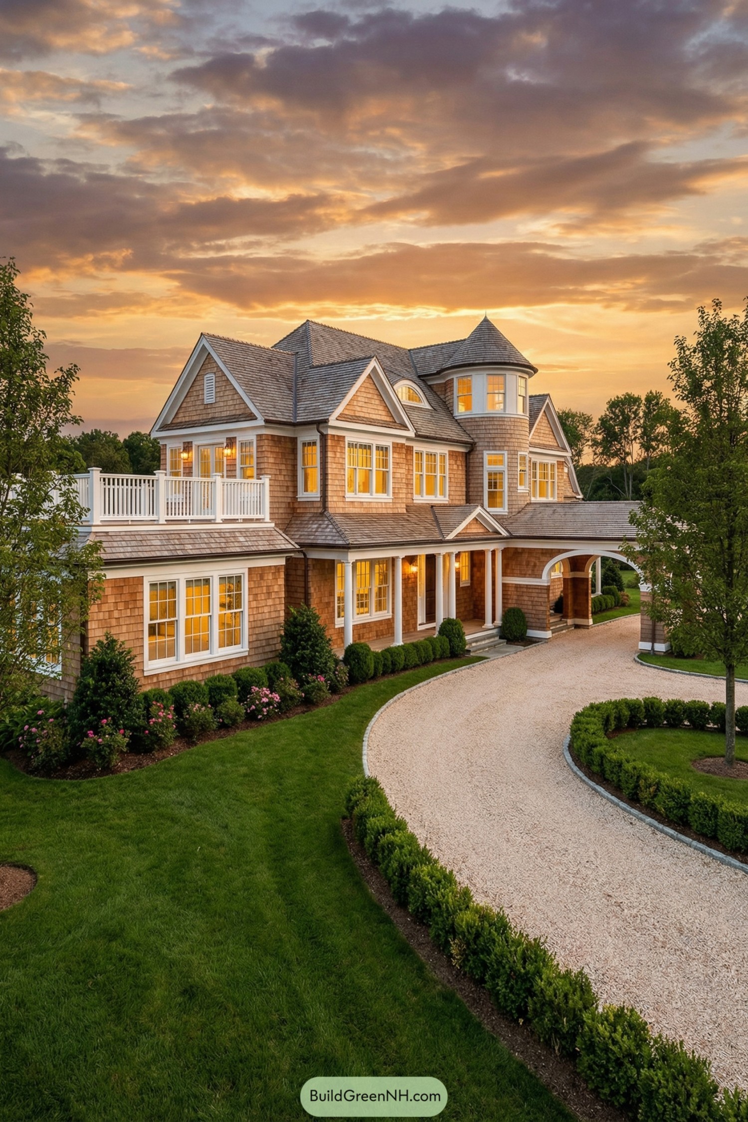 Large shingle style country house with tower and curved driveway at sunset