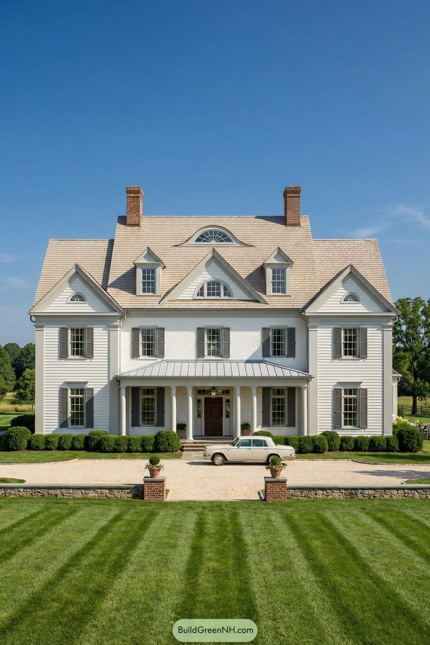 Large white colonial-style country mansion with gray shutters, wraparound lawn, and a classic car parked on the gravel drive