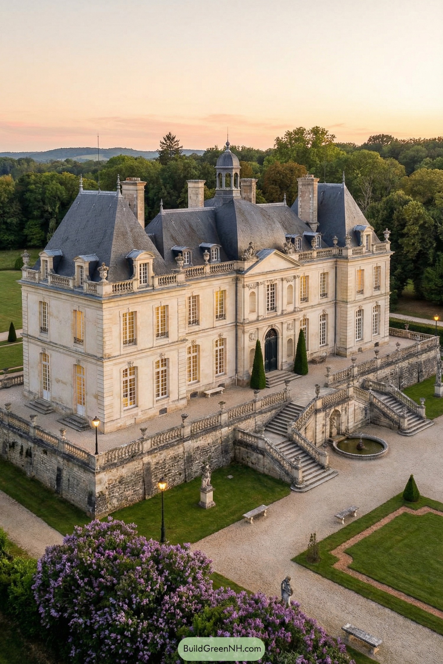 Elegant stone chateau with grand terraces and formal gardens at sunset