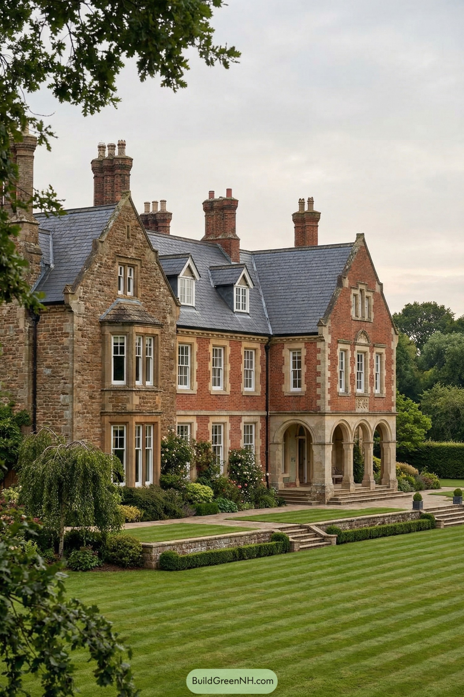 Grand brick and stone country house with slate roof, tall chimneys, and formal lawn terraces