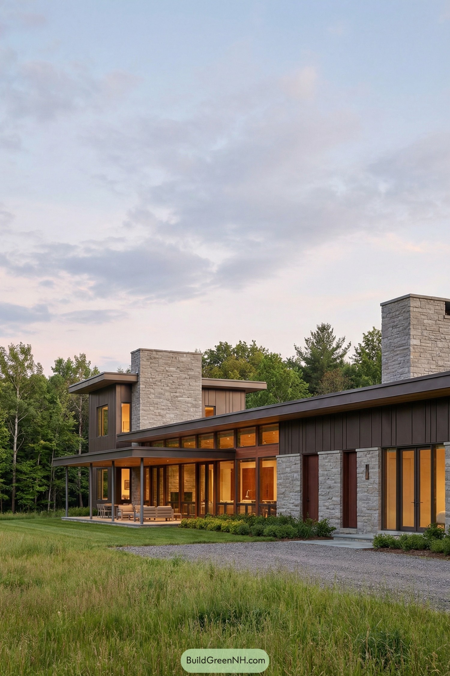 Modern rural mansion with low-slung stone and glass volumes set against trees