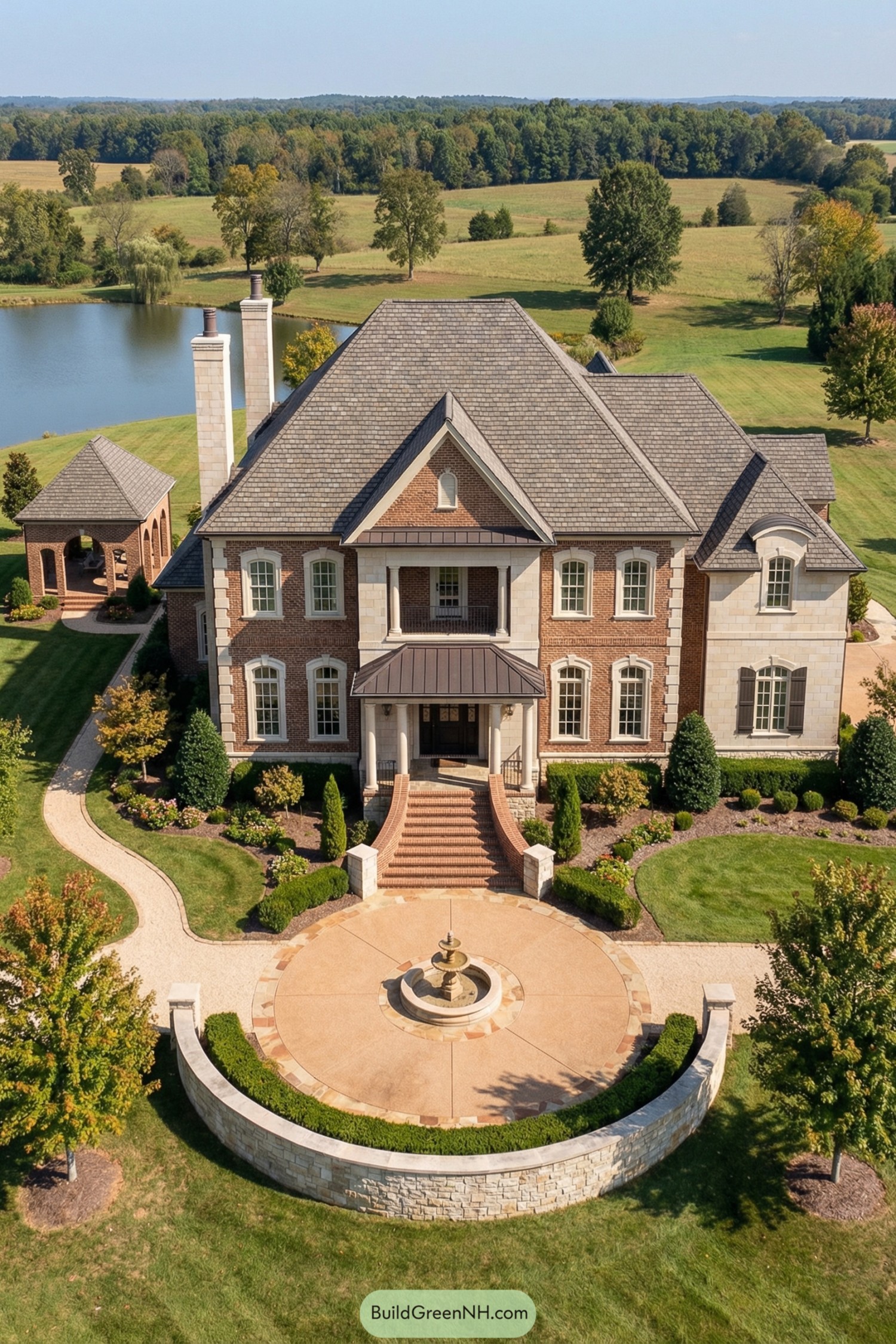 Grand brick country mansion with circular drive