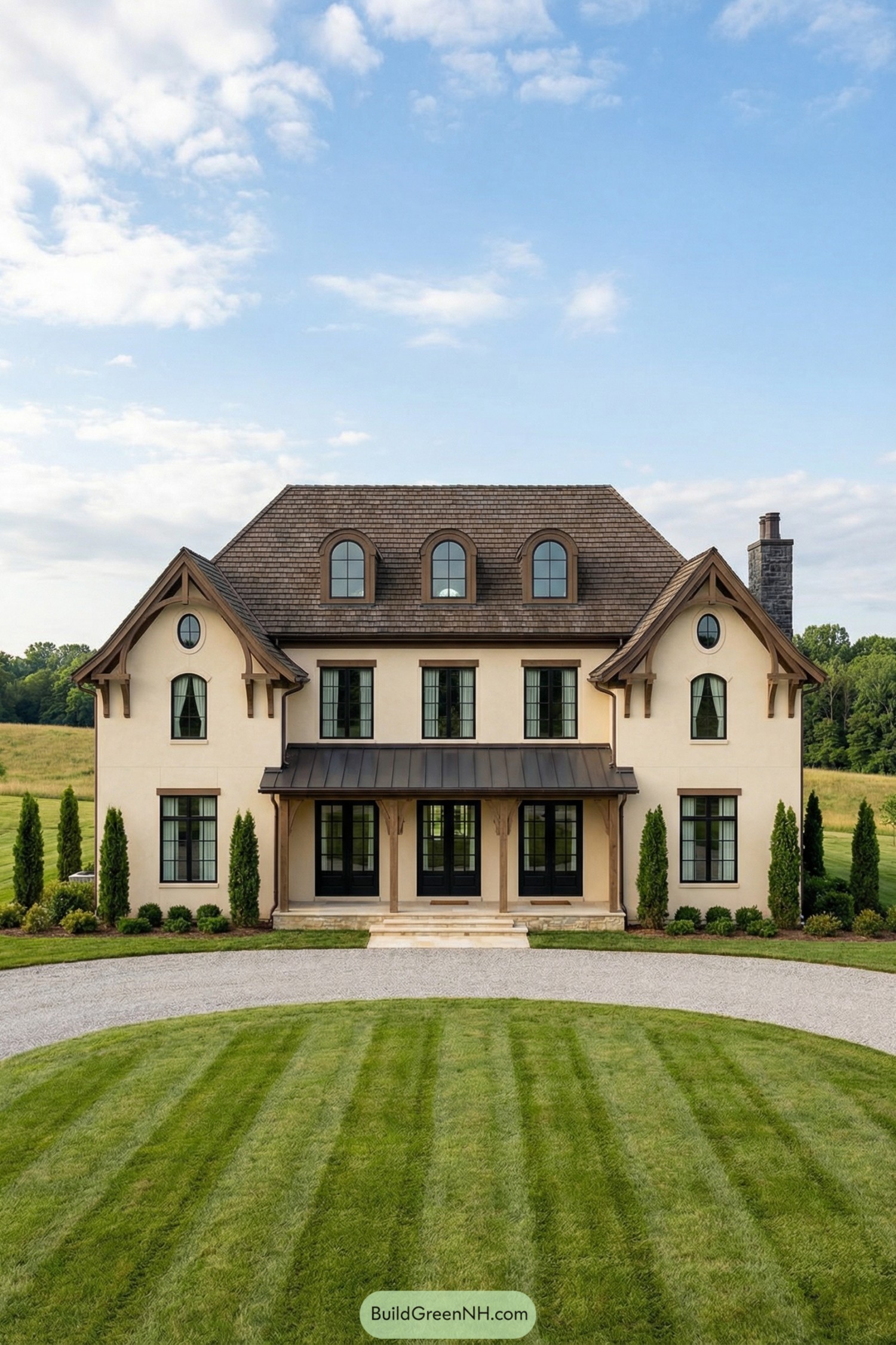Two-story cream country manor with steep shingle roof, arched dormers, black-trimmed windows, and manicured circular lawn