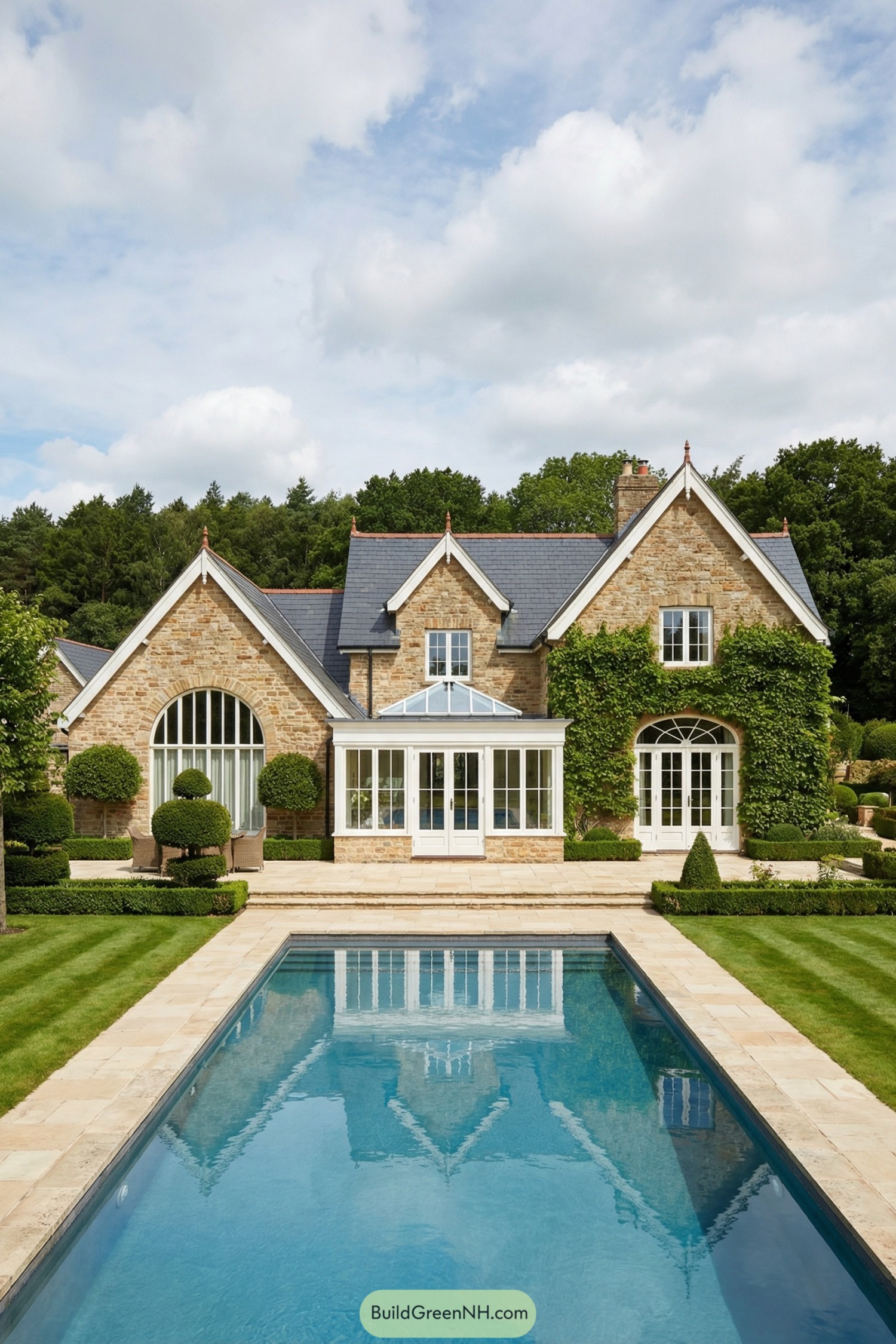 Stone country house with long pool and manicured gardens