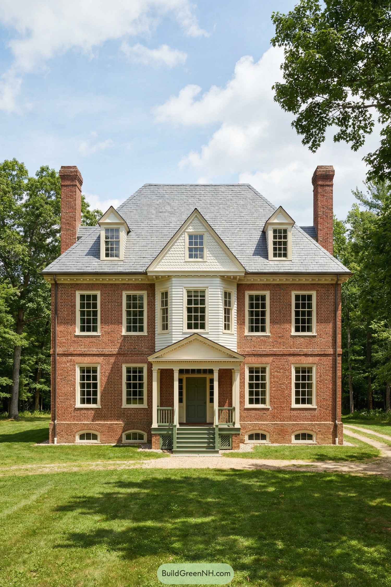 Traditional red brick country manor with slate roof and symmetrical windows
