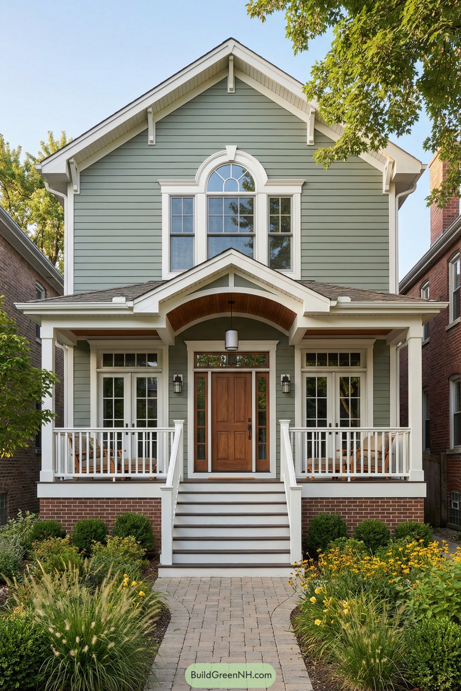 Sage green two story house with front porch and wood front door