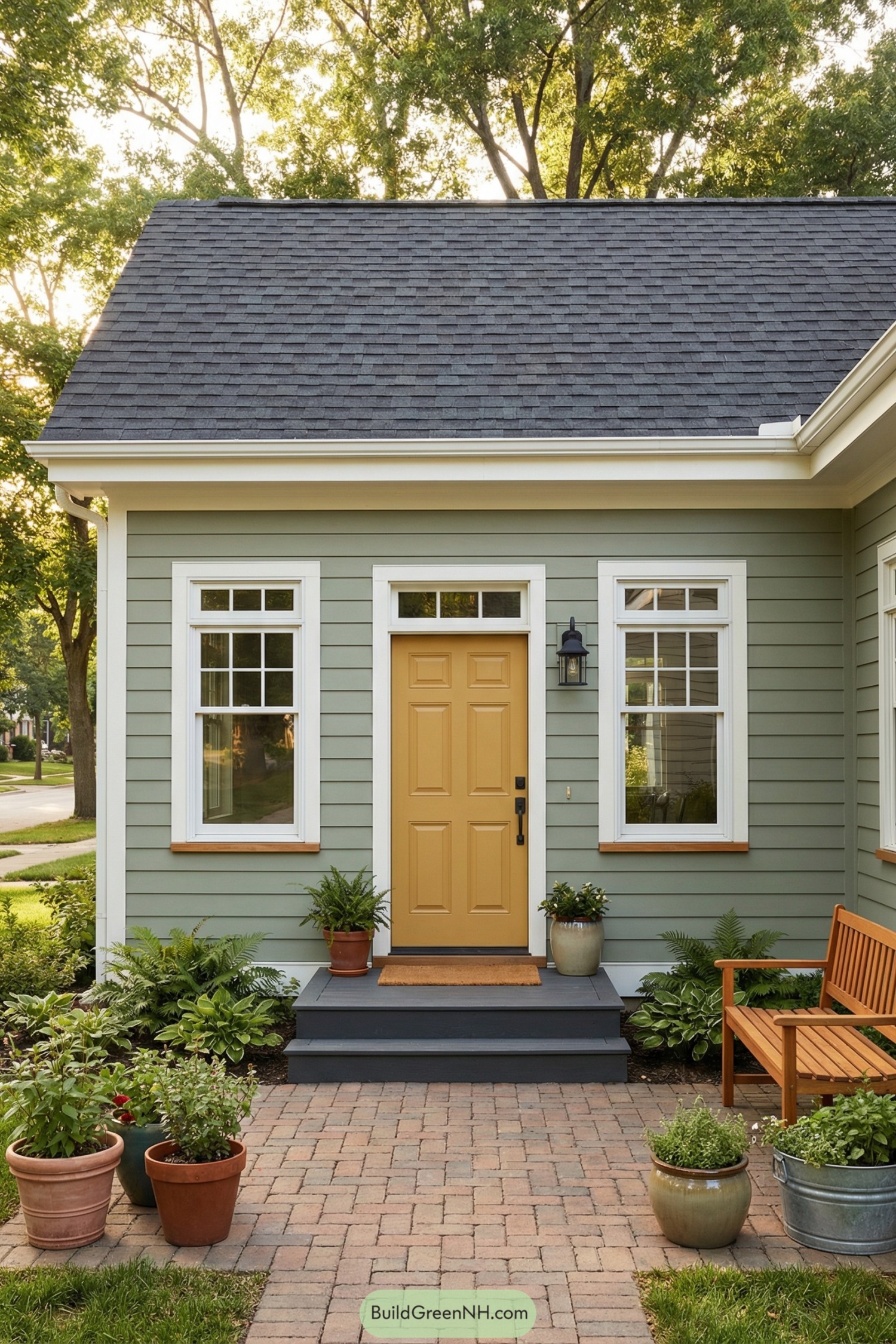 Sage green cottage entry with yellow door