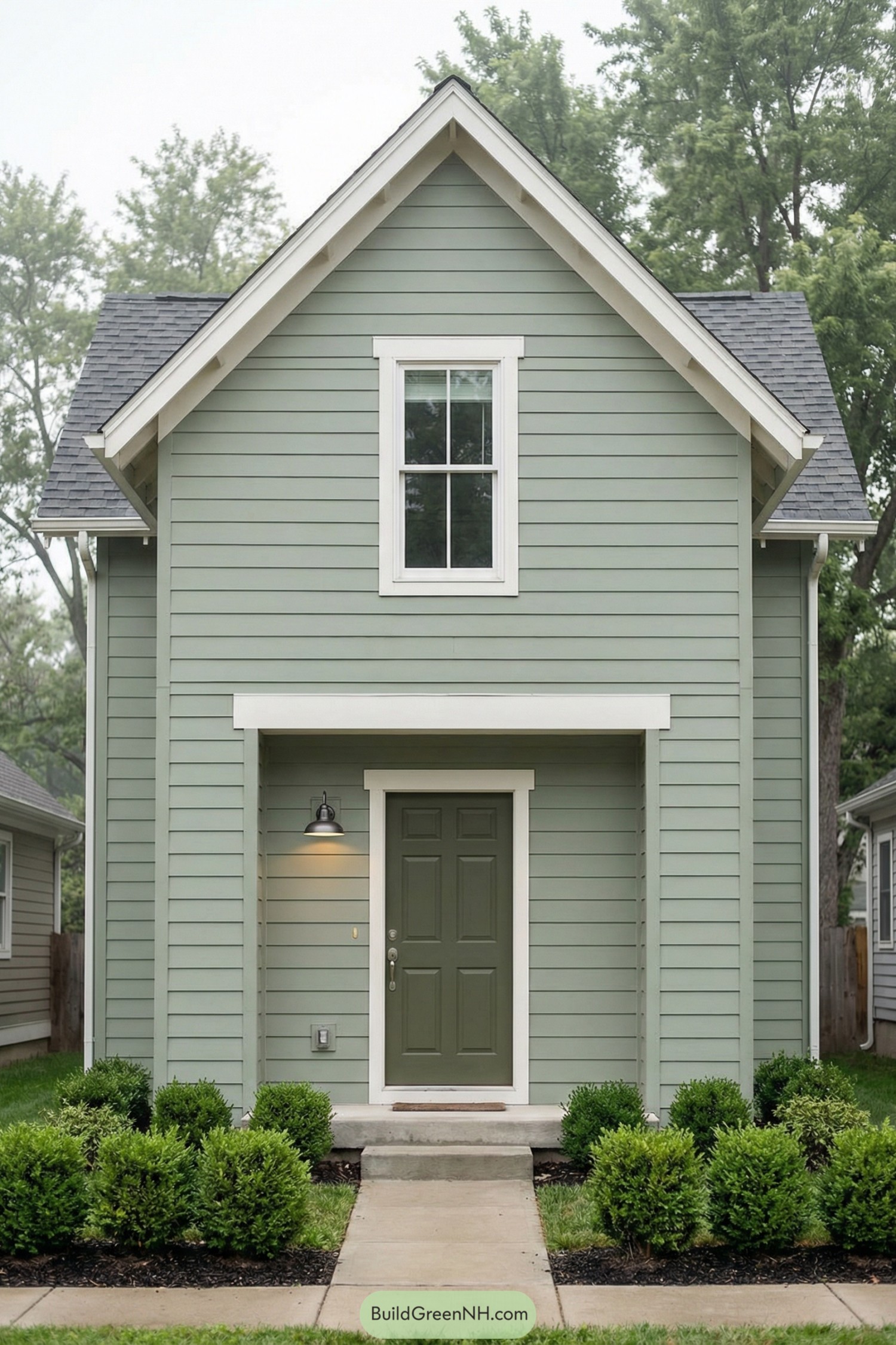 Tall narrow sage green house with front gable roof and recessed entry
