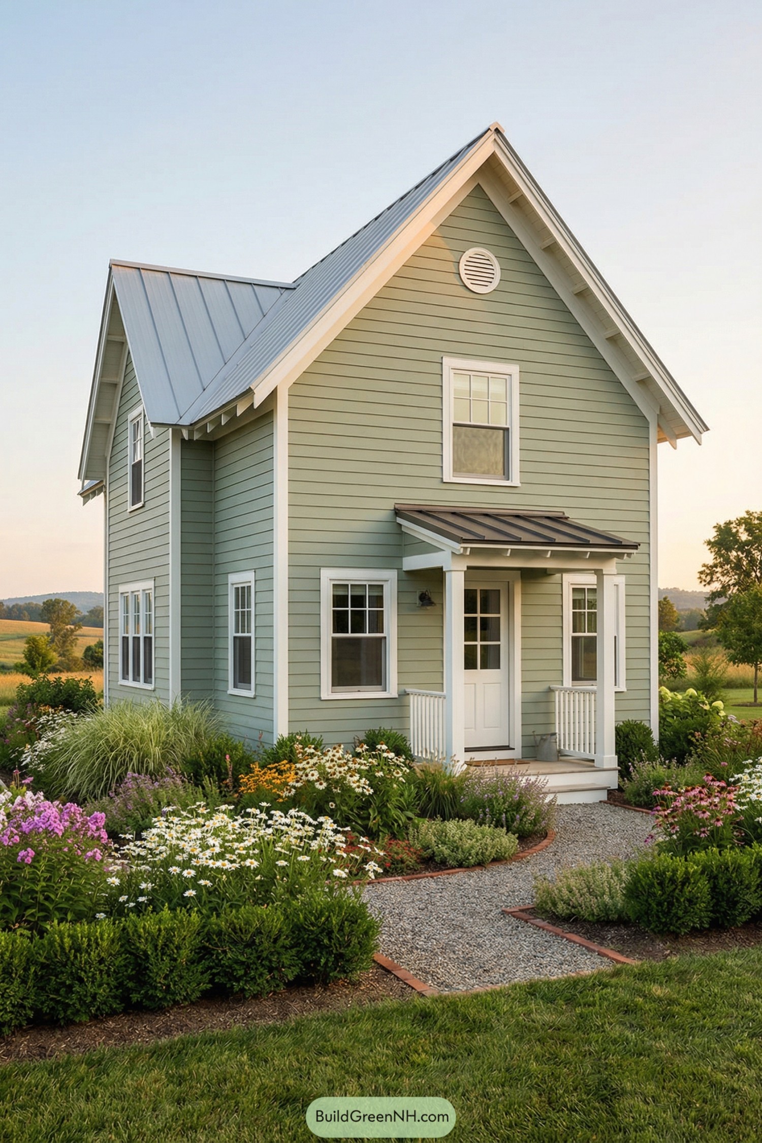 Sage green cottage with white trim and lush flower garden