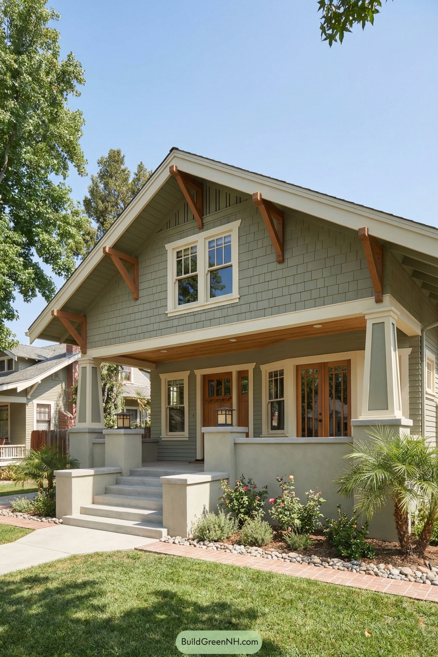 Two-story sage green Craftsman house with broad front porch, tapered columns, and warm wood trim