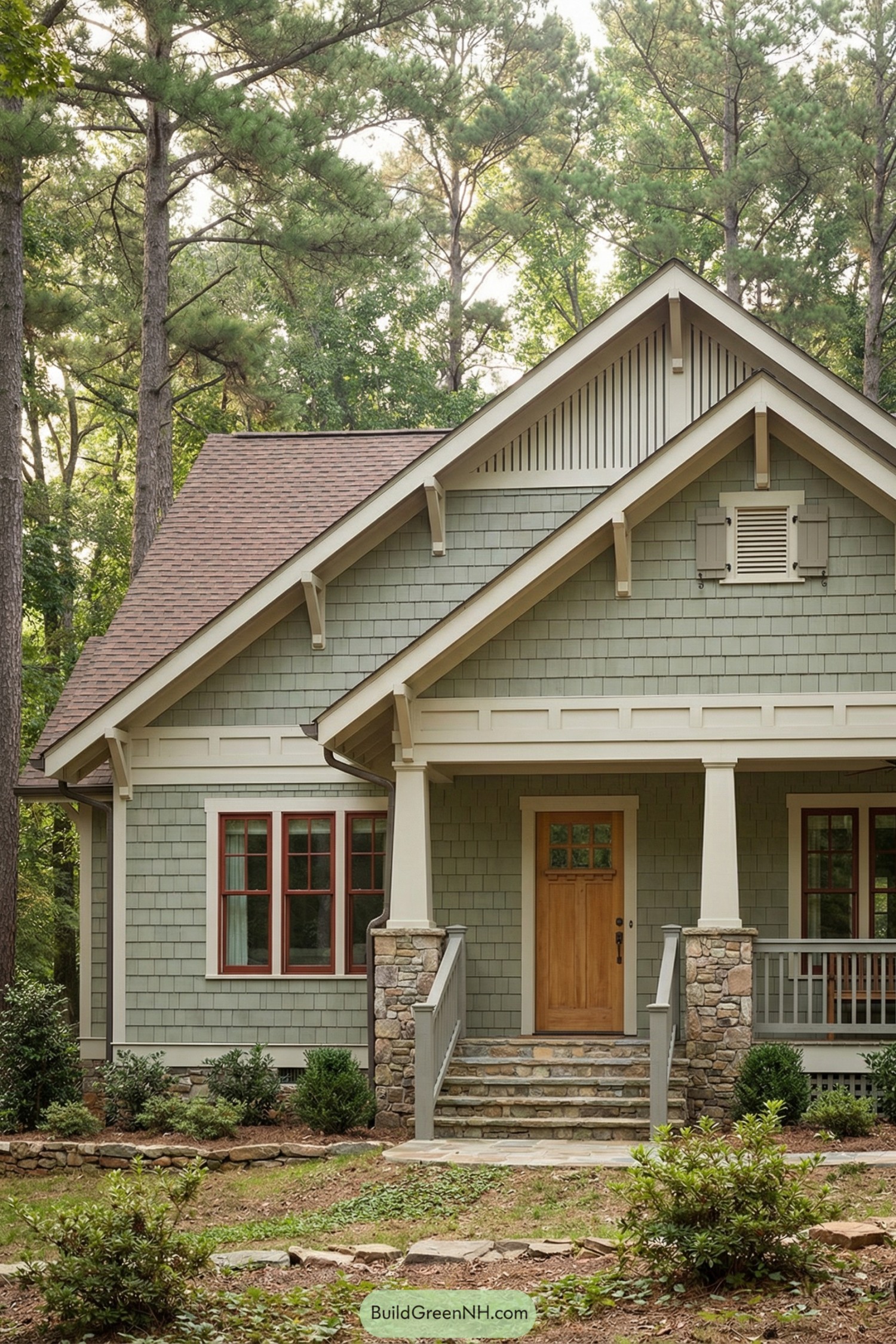 Sage green Craftsman cottage with shingle siding, stone porch columns, and a warm wood door nestled among tall pines