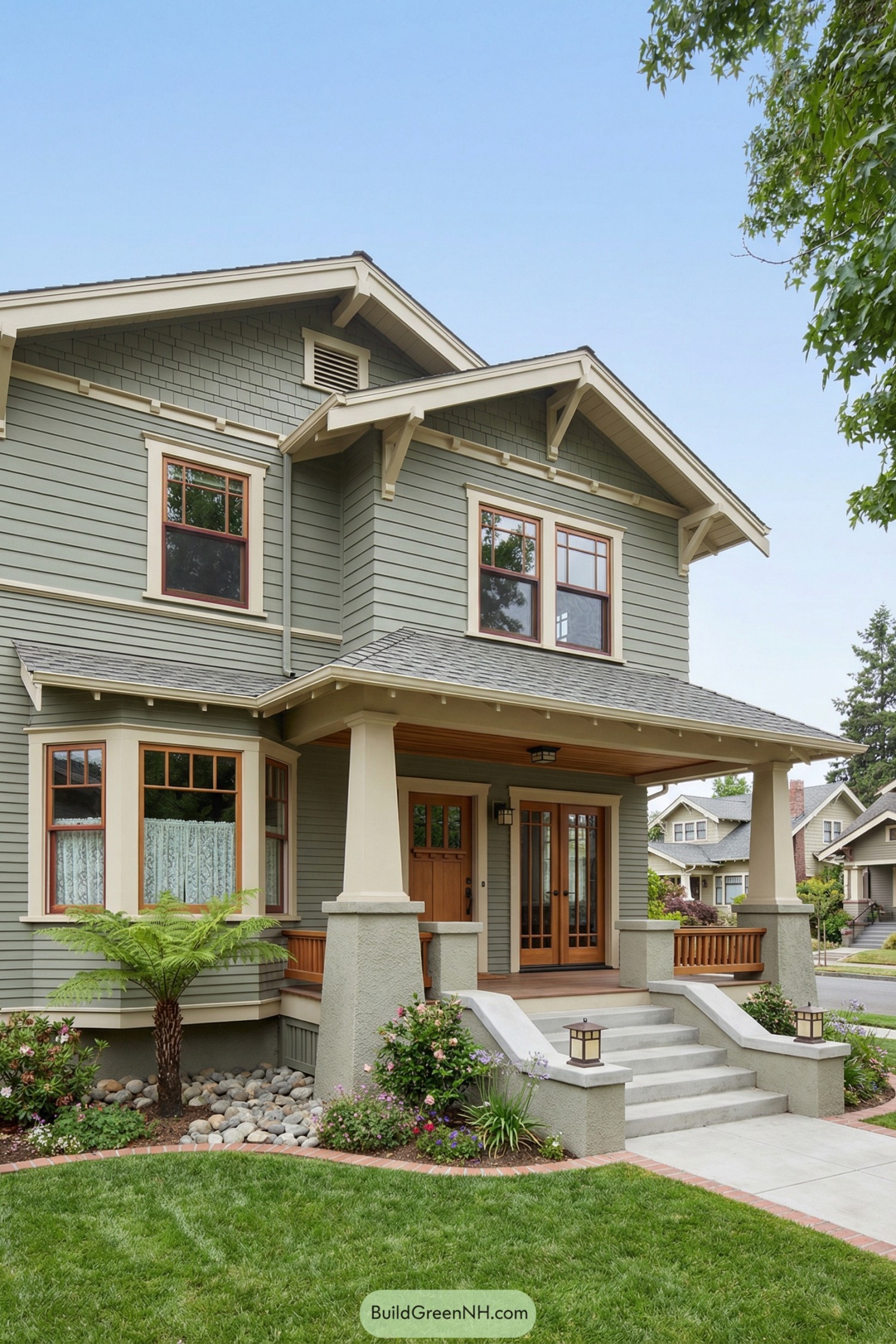 Two-story sage green Craftsman house with broad front porch and landscaped entry steps