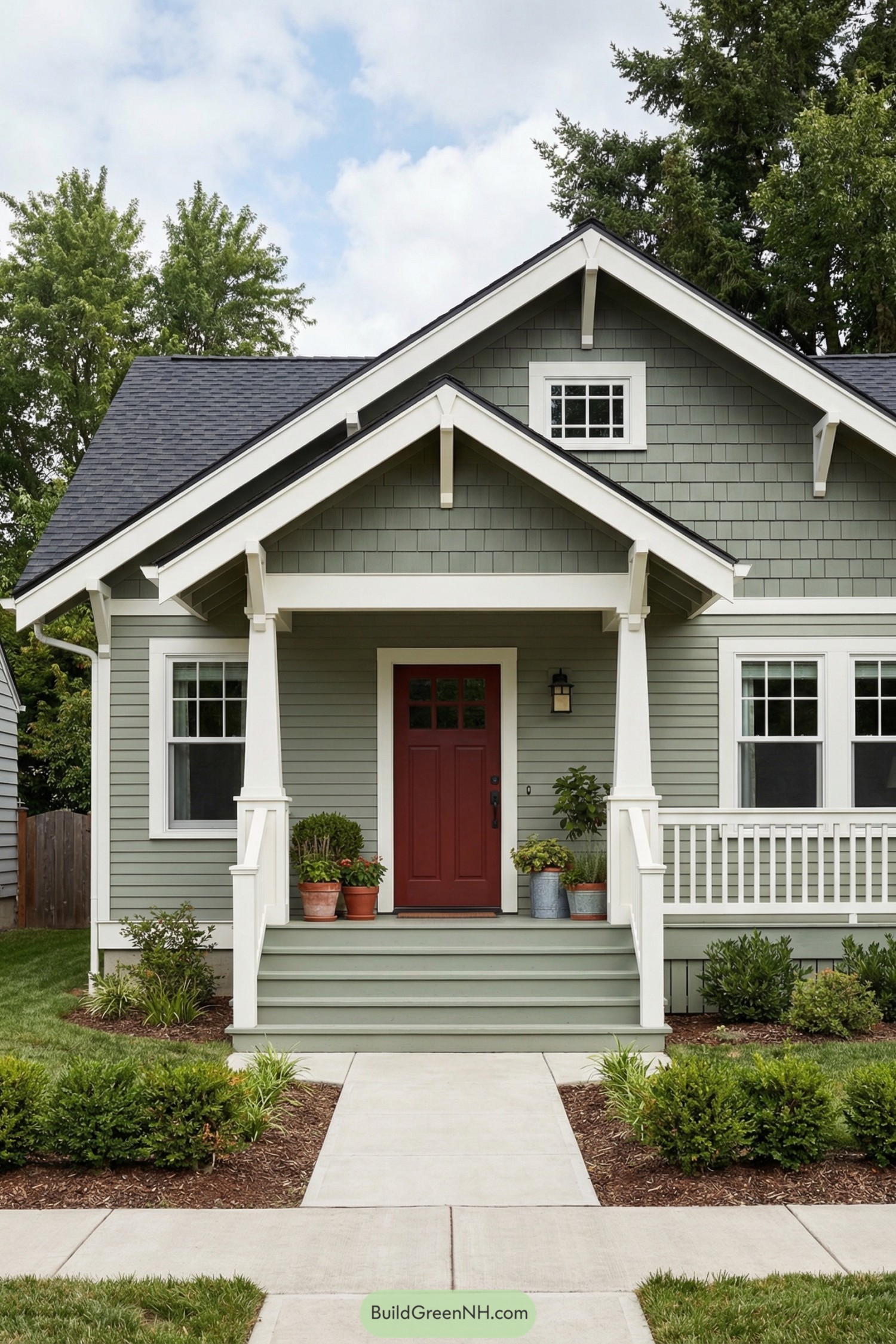 Sage green bungalow with red front door