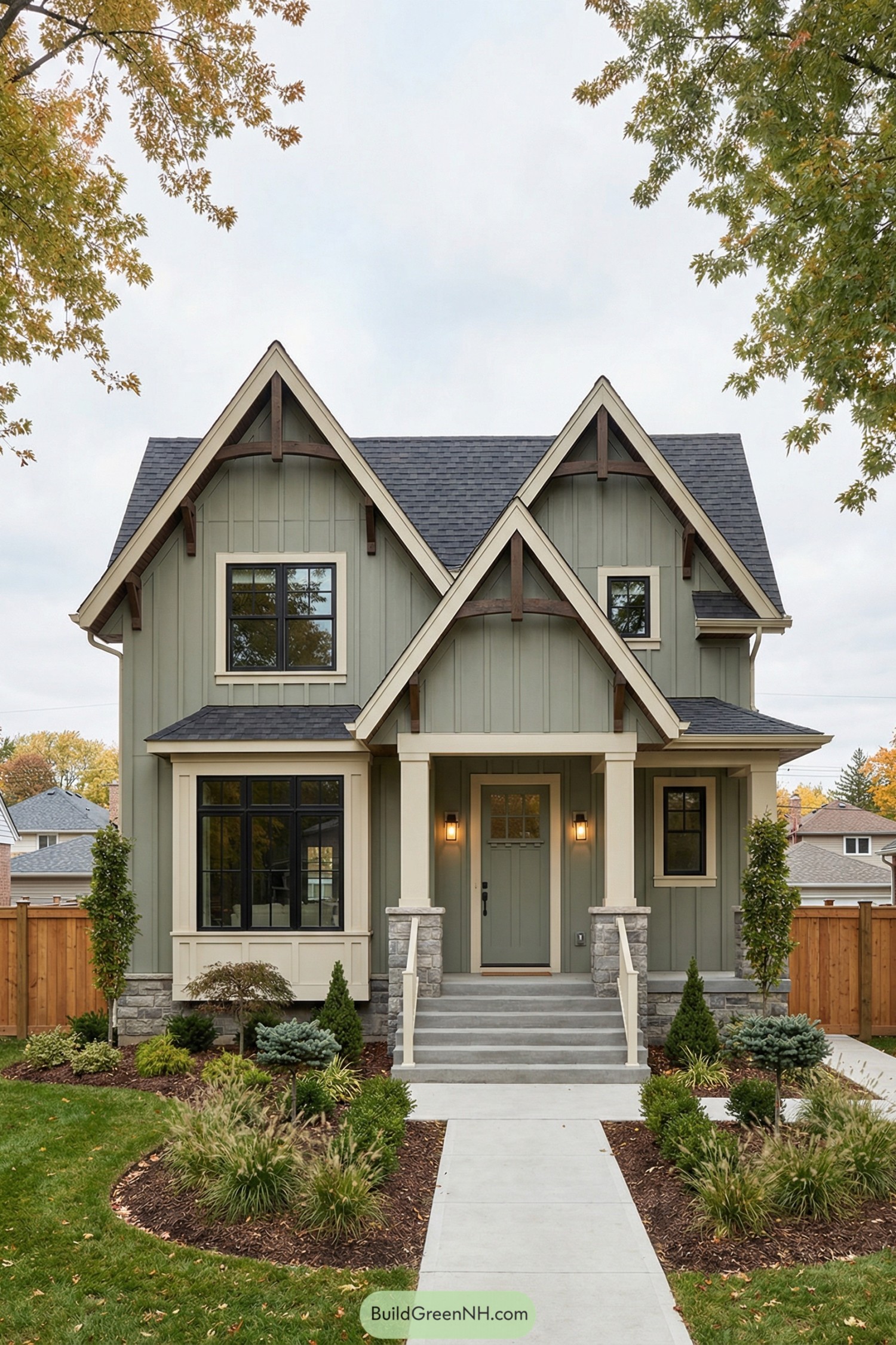 Sage green house with triple gables and landscaped front yard