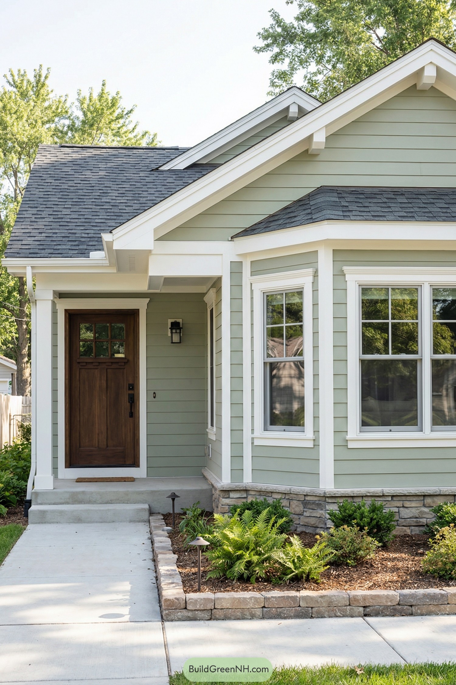Sage green cottage with wood front door and stone-edged garden