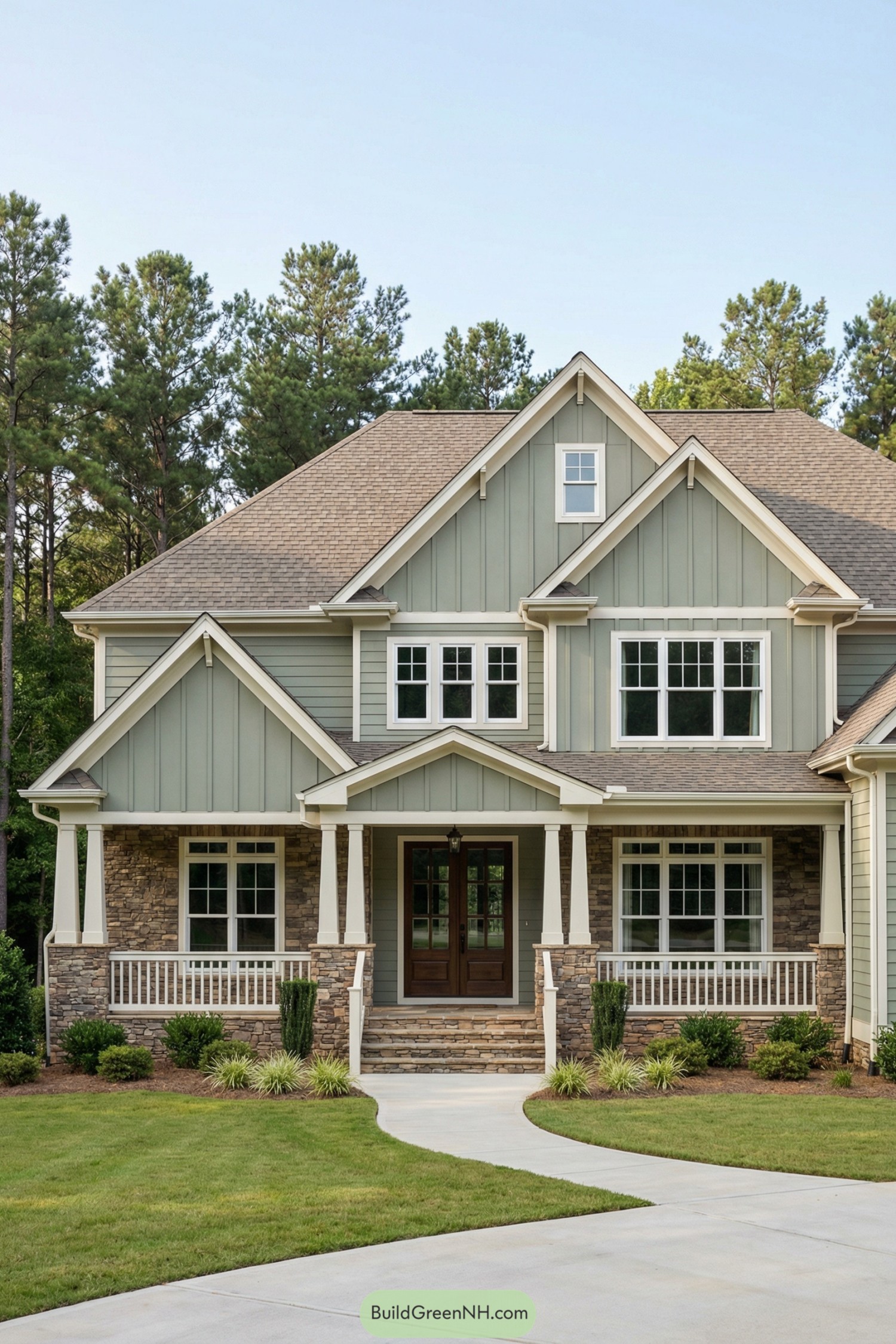 Two-story sage green craftsman house with stone porch