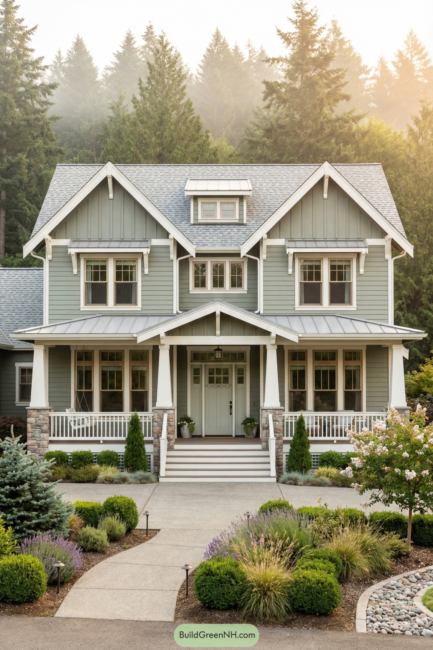 Two-story sage green craftsman house with deep front porch and layered gables framed by evergreens