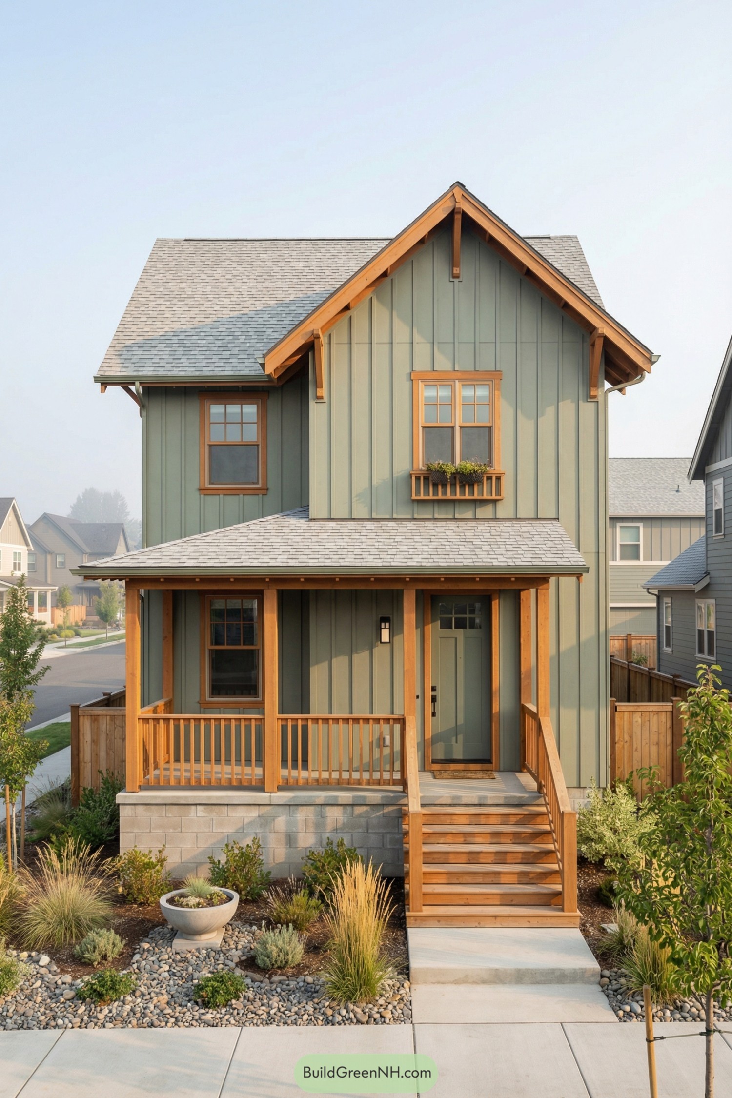 Two-story sage green house with warm wood trim