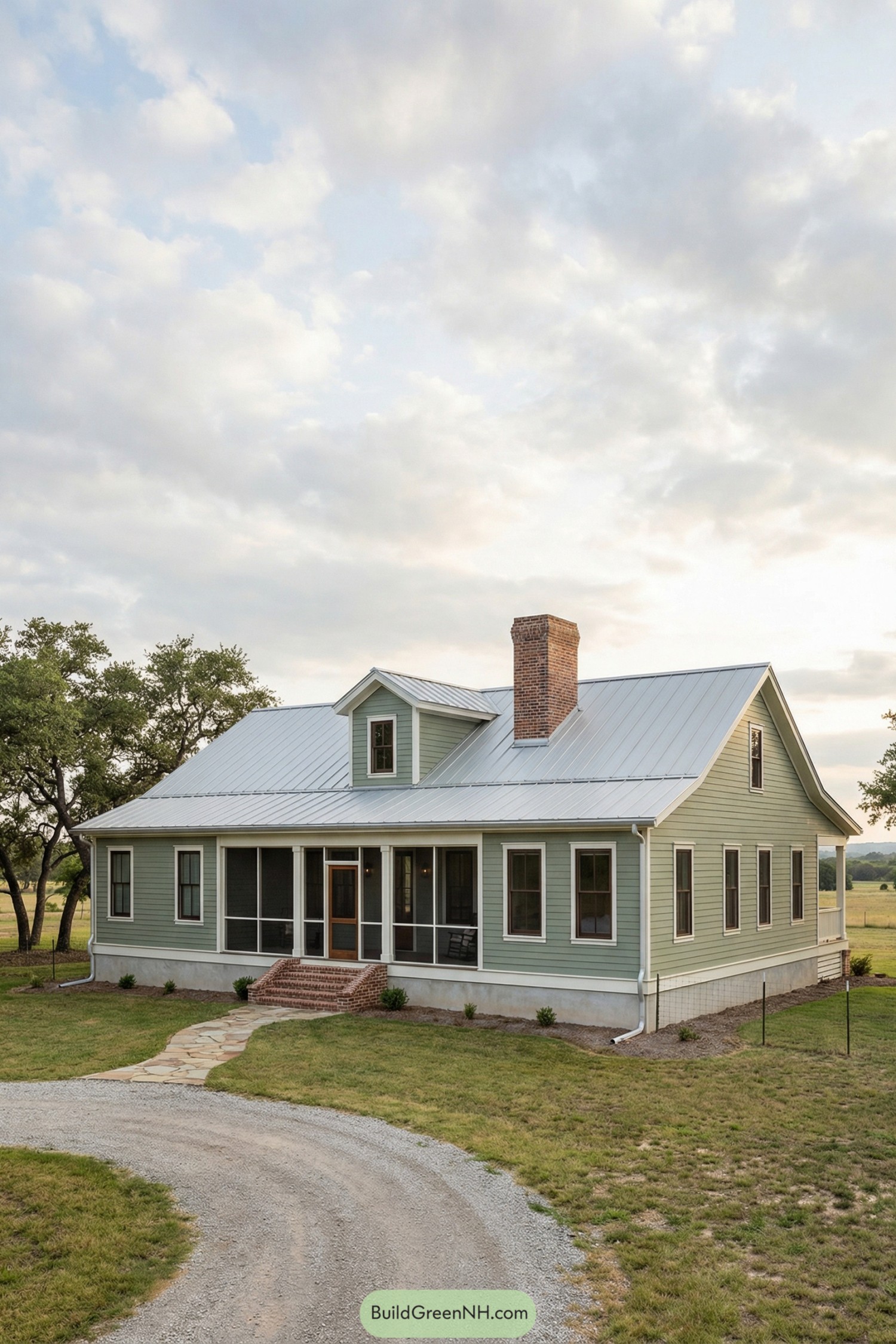Sage green farmhouse with metal roof and screened front porch in a rural field
