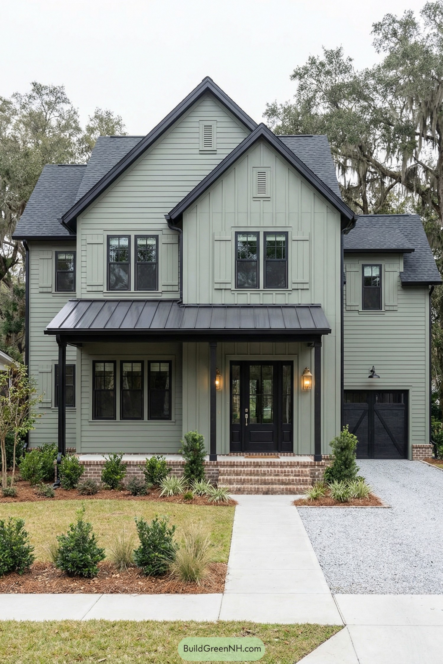 Two-story sage green house with black trim and front porch