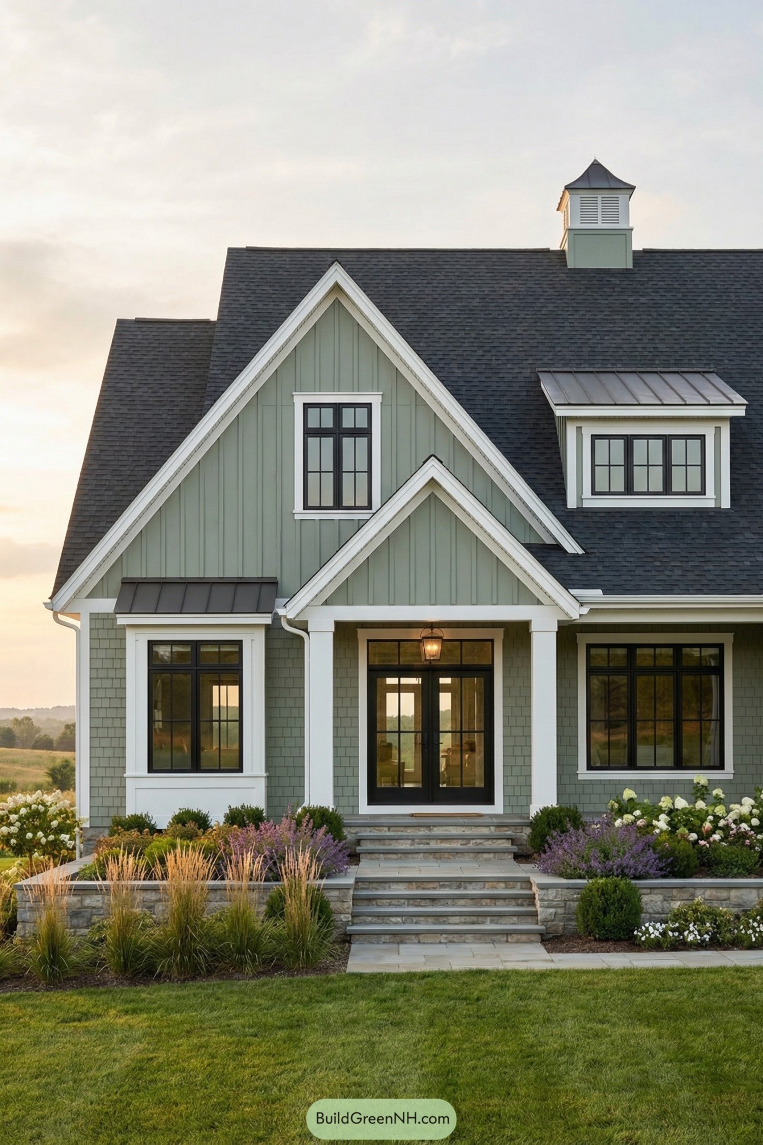 Sage green farmhouse with gables and garden