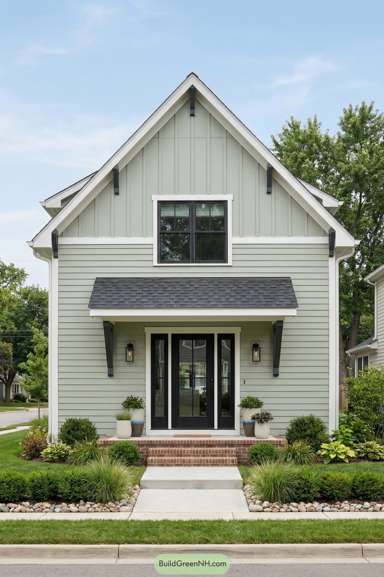 Sage green gabled house with black-trimmed windows and small brick front porch