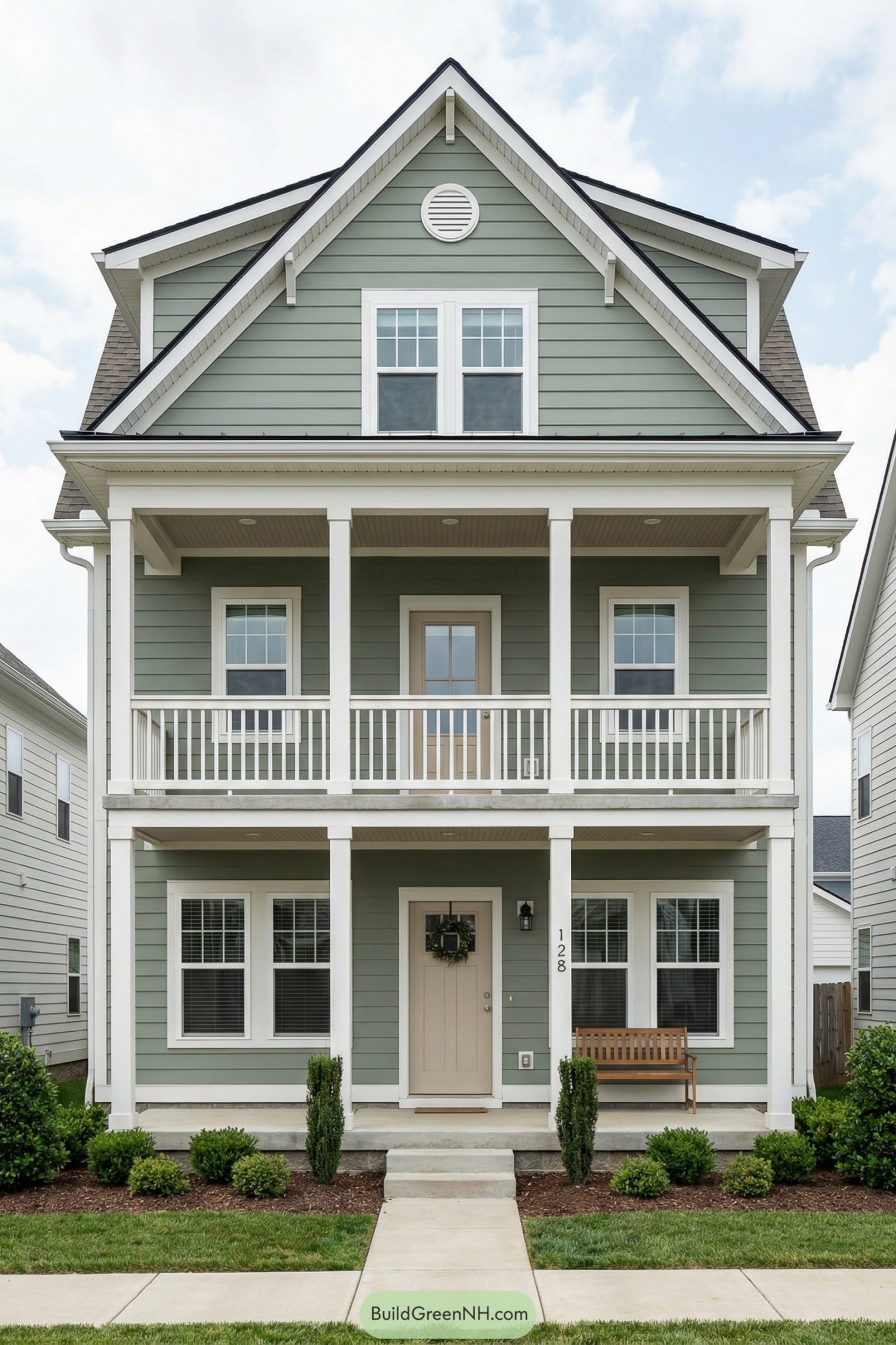 Two-story sage green house with double front porches and white trim