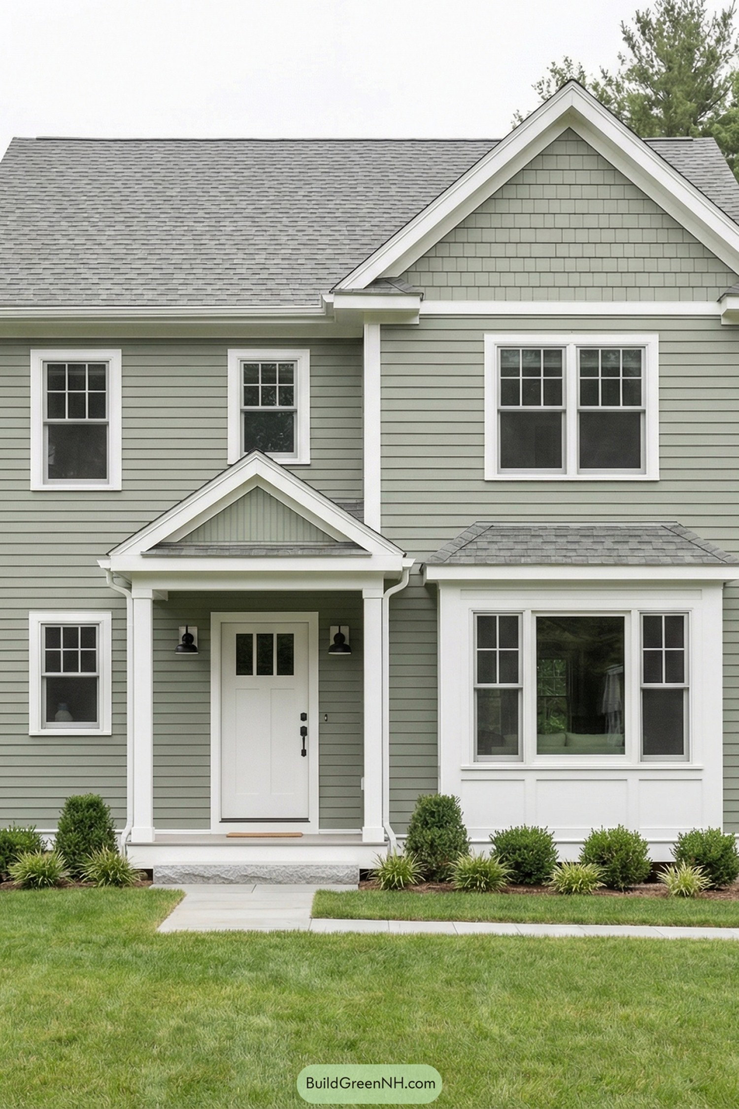 Two-story sage green house with white trim, front gable porch, and simple landscaping