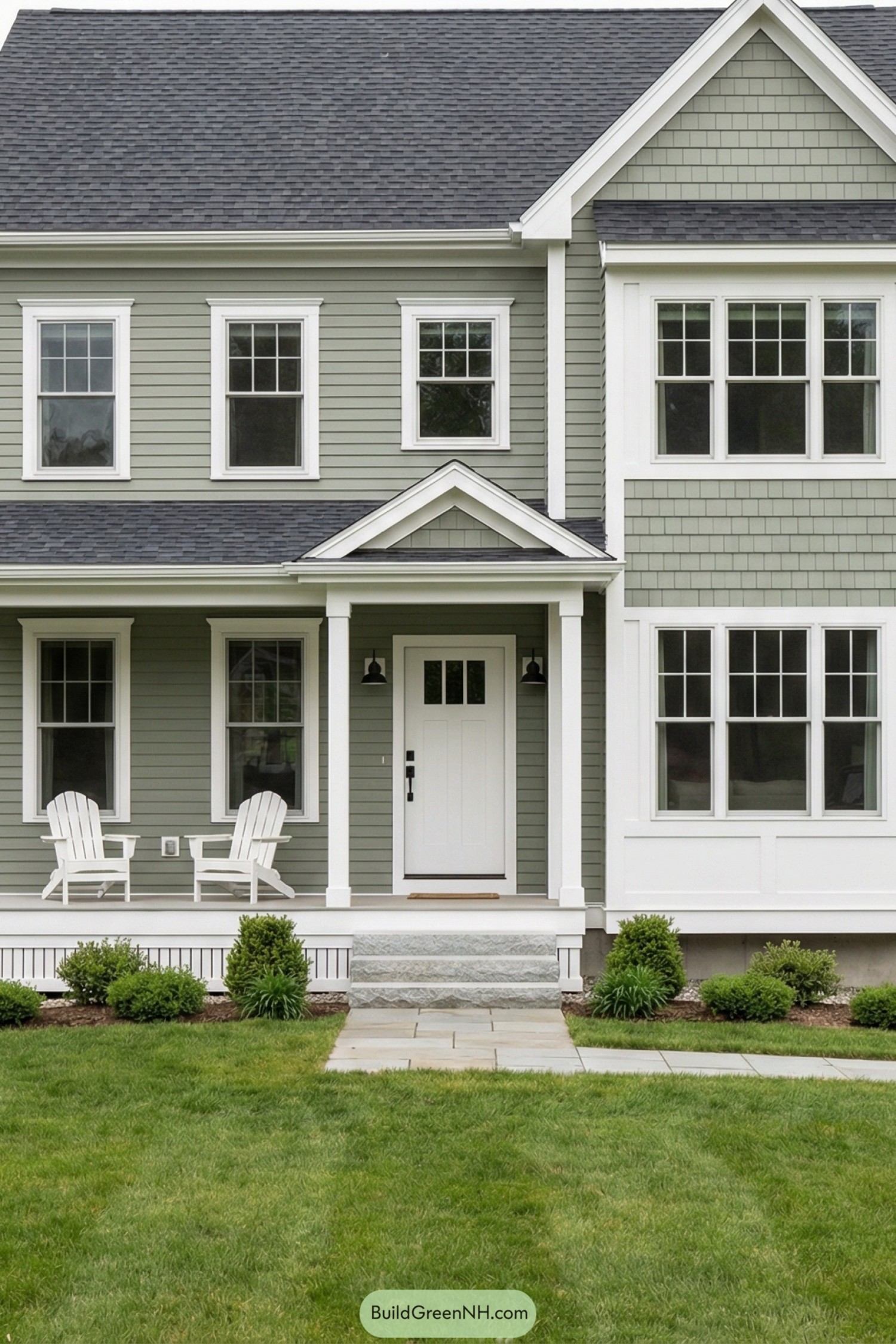 Sage green two-story house with white trim, front porch, and dark shingle roof