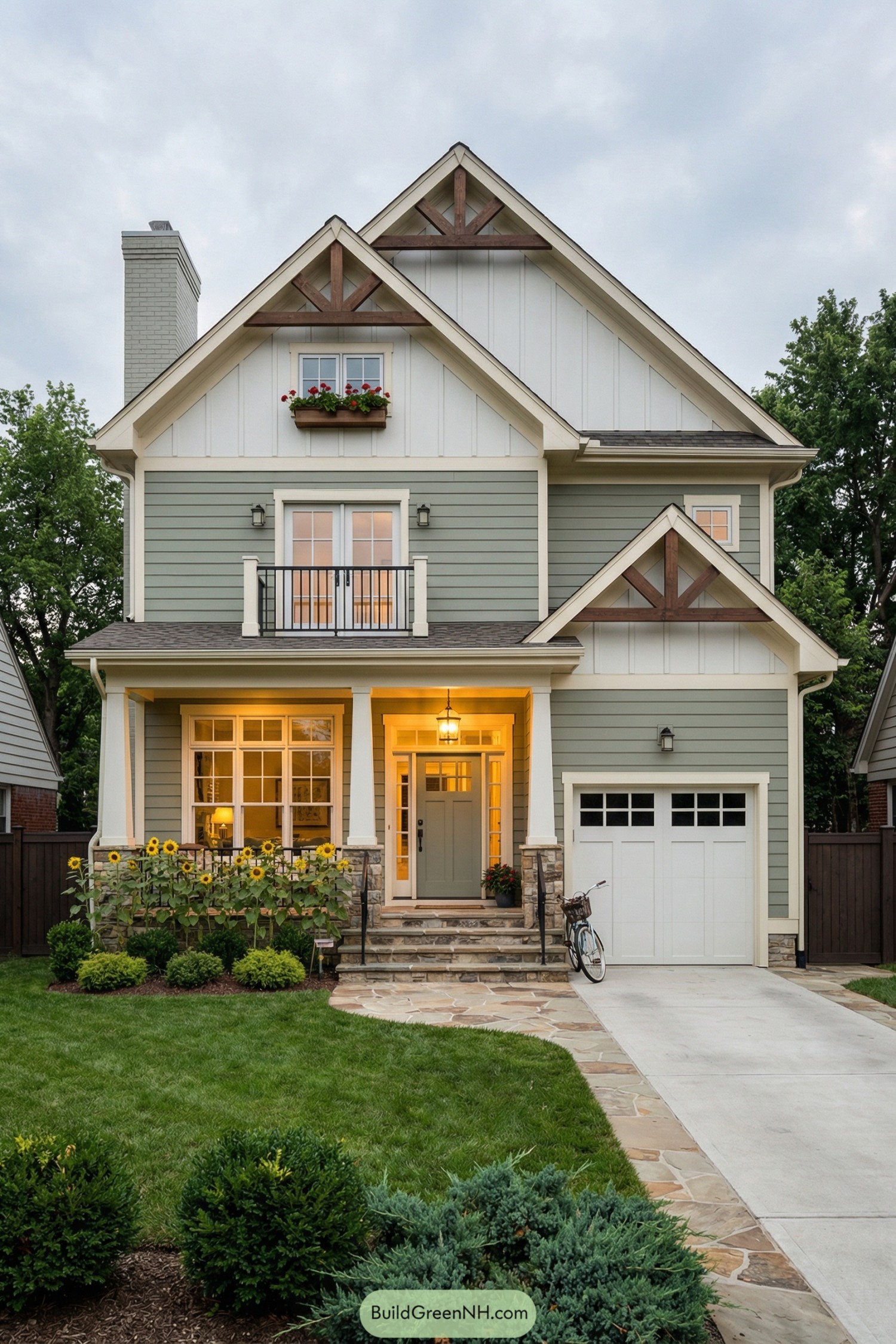 Two-story sage green house with stone porch and attached garage