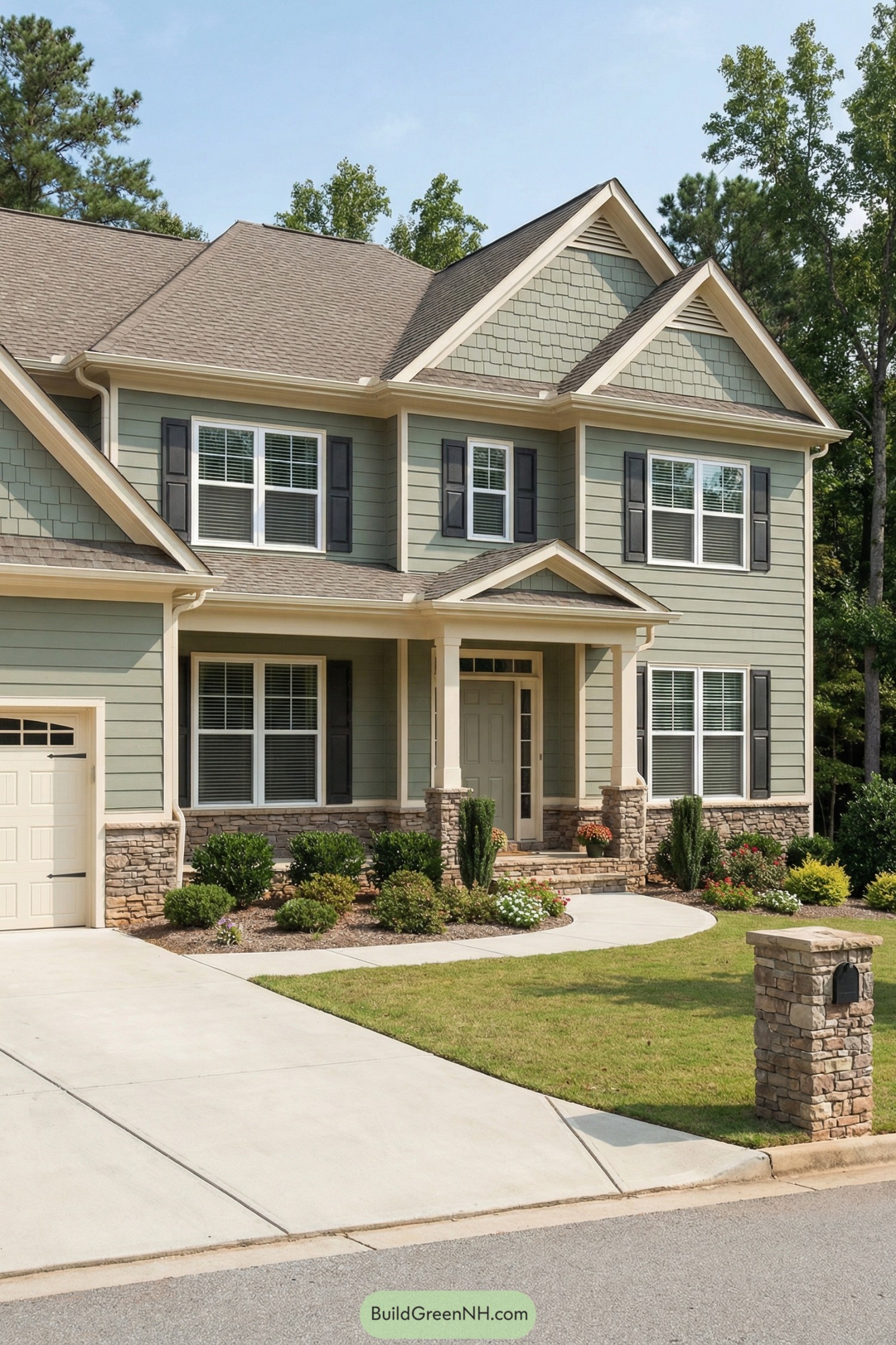 Two-story sage green house with stone base, front porch, and landscaped yard