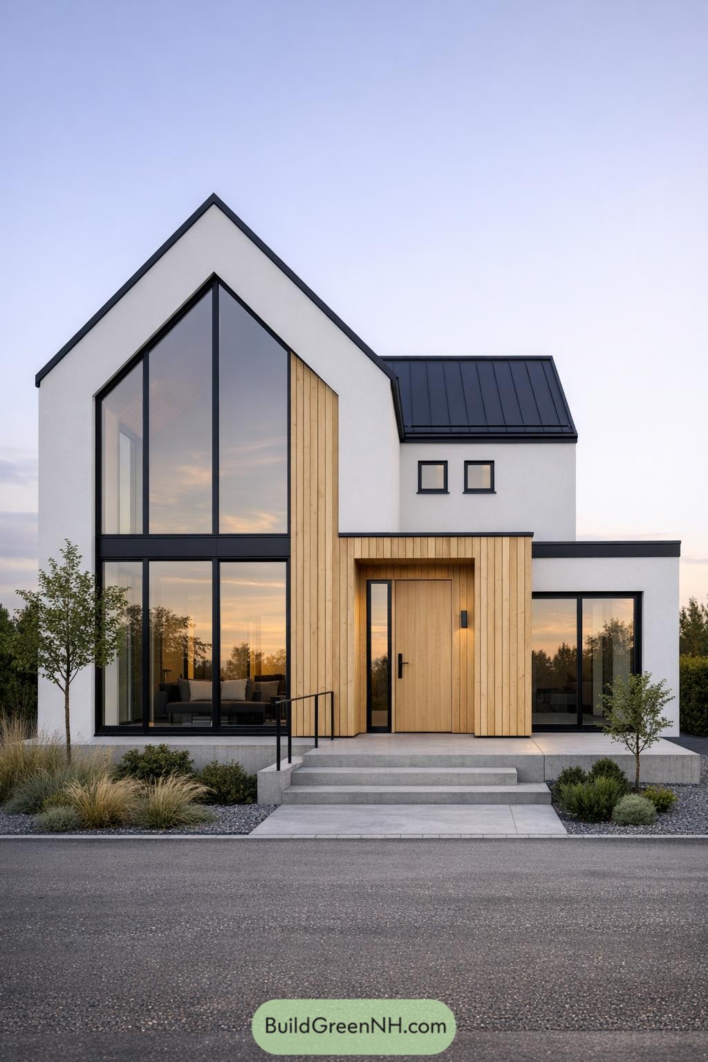 high-res photo of scandinavian facade, clean minimalist gable-front house with simple geometric lines and asymmetrical composition, facade in smooth white plaster with sections of light natural vertical timber cladding around the entrance and glazing, colors dominated by matte white, pale wood, and dark charcoal accents, compact rectangular volume with a steep front-facing gable and a lower flat-roofed side wing creating a stepped silhouette, materials include white rendered masonry, natural timber panels, dark metal trims, and clear glass, roof in dark standing-seam metal with sharp edges and no overhang, large floor-to-ceiling windows with slim black aluminum frames on the gable front and side volume, smaller square windows on upper level aligned in a clean grid, main entrance door in flush light wood with a tall narrow side window and minimal black handle, outdoor area with a low concrete terrace platform, simple linear steps, and a slender black metal railing, front landscaping with a narrow gravel strip, low grasses, small shrubs, and one or two young trees placed asymmetrically, surrounding background with a flat paved driveway, distant trees and soft sky at golden hour creating subtle reflections in the glass, real-life photo, high-resolution, architectural photography, soft lighting, cinematic composition.
