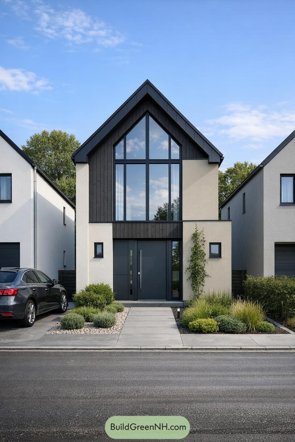 Tall narrow Scandinavian house with dark gable, large vertical glazing, and minimalist front garden