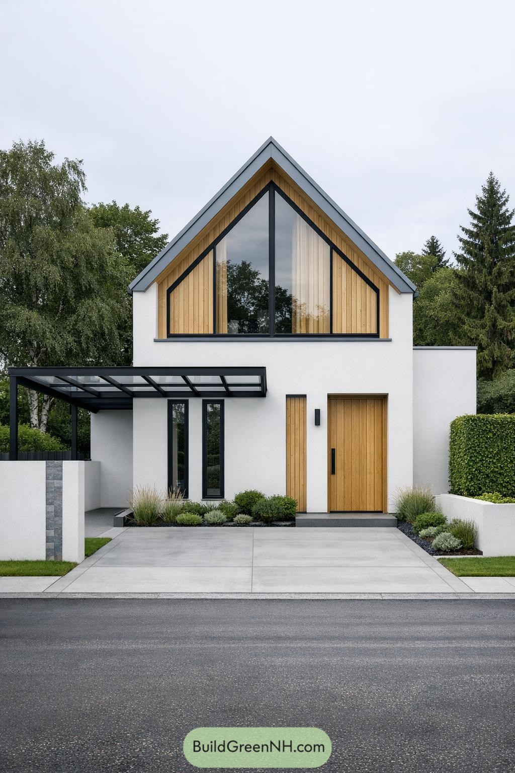 Modern white house with tall gabled roof, large triangular window, and warm vertical wood cladding at the upper level and front door