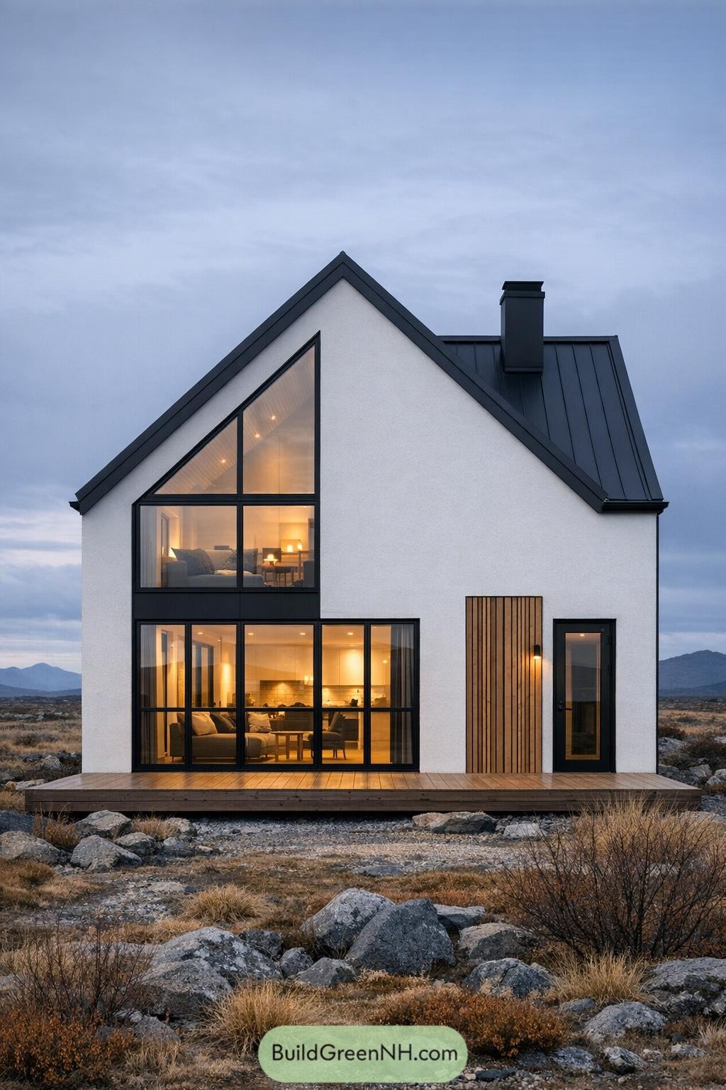 Modern gabled house with large black-framed windows and warm interior lighting in a rocky Nordic landscape