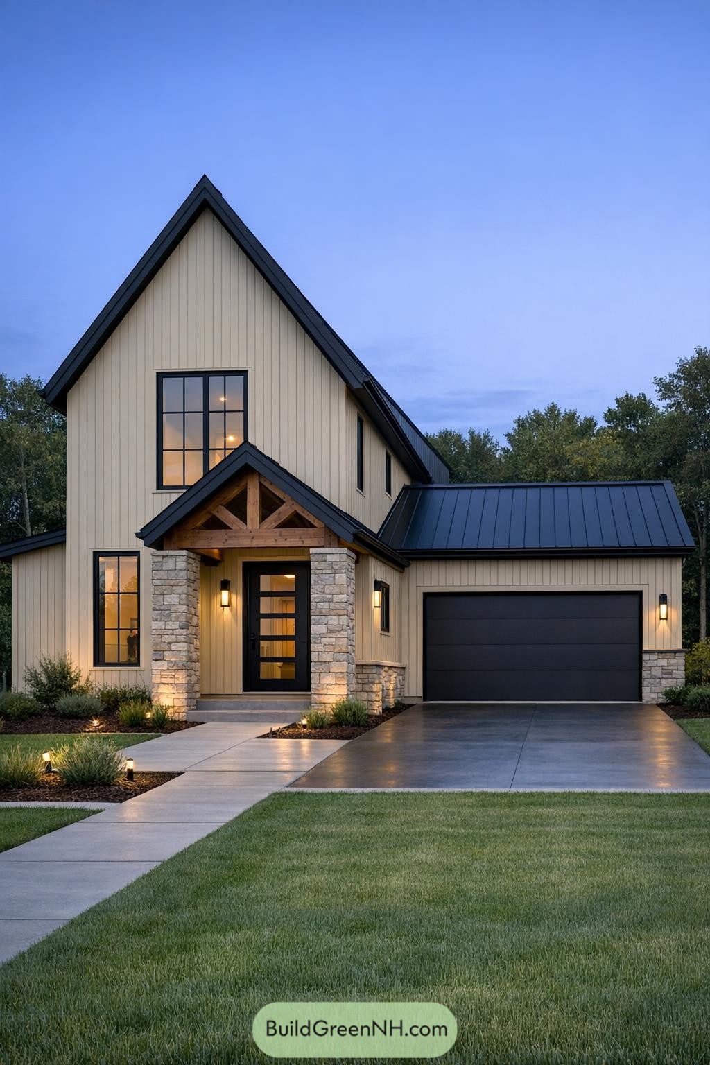 Modern Scandinavian house with tall gable roof, stone entry, and attached dark garage