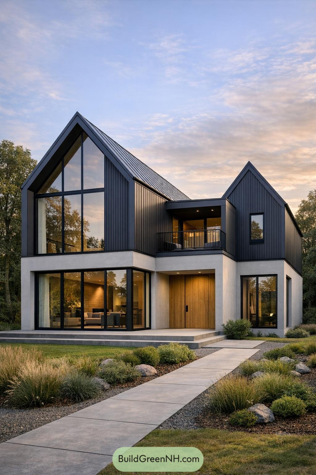 Modern black gabled house with large windows and minimalist landscaping
