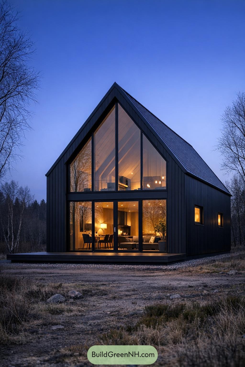 Modern black-clad gabled cabin with full-height glass facade glowing warmly at dusk