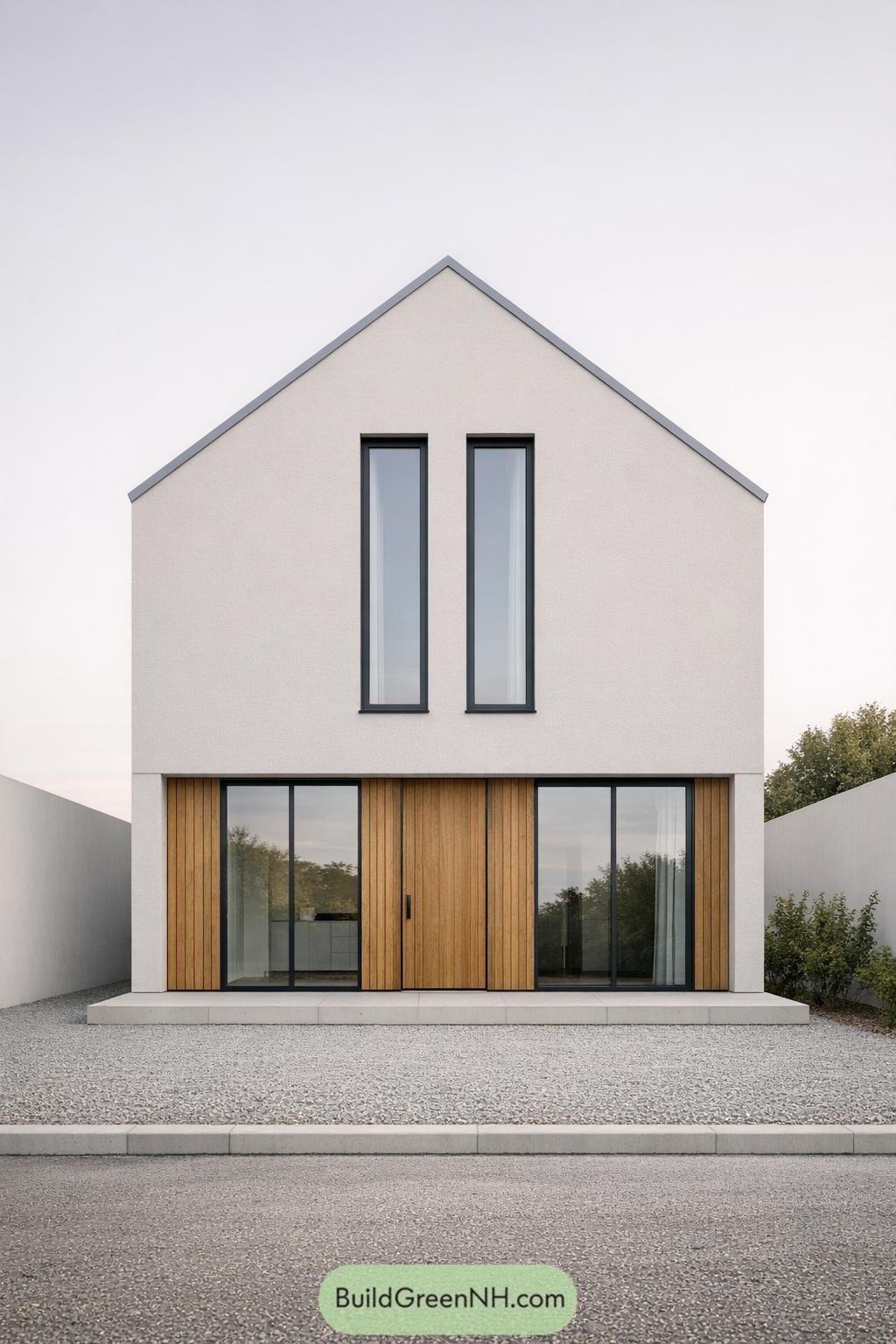 Minimalist white gabled house with tall narrow windows and warm wood-framed glass doors facing a gravel forecourt
