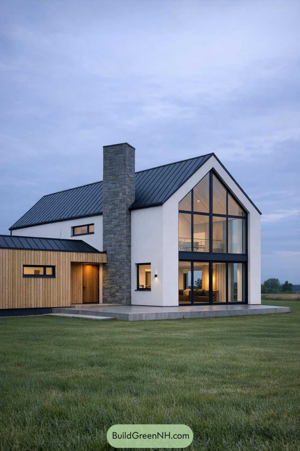 Scandinavian-style gabled home with large glass facade, stone chimney, and wood-clad side wing set in open grassland