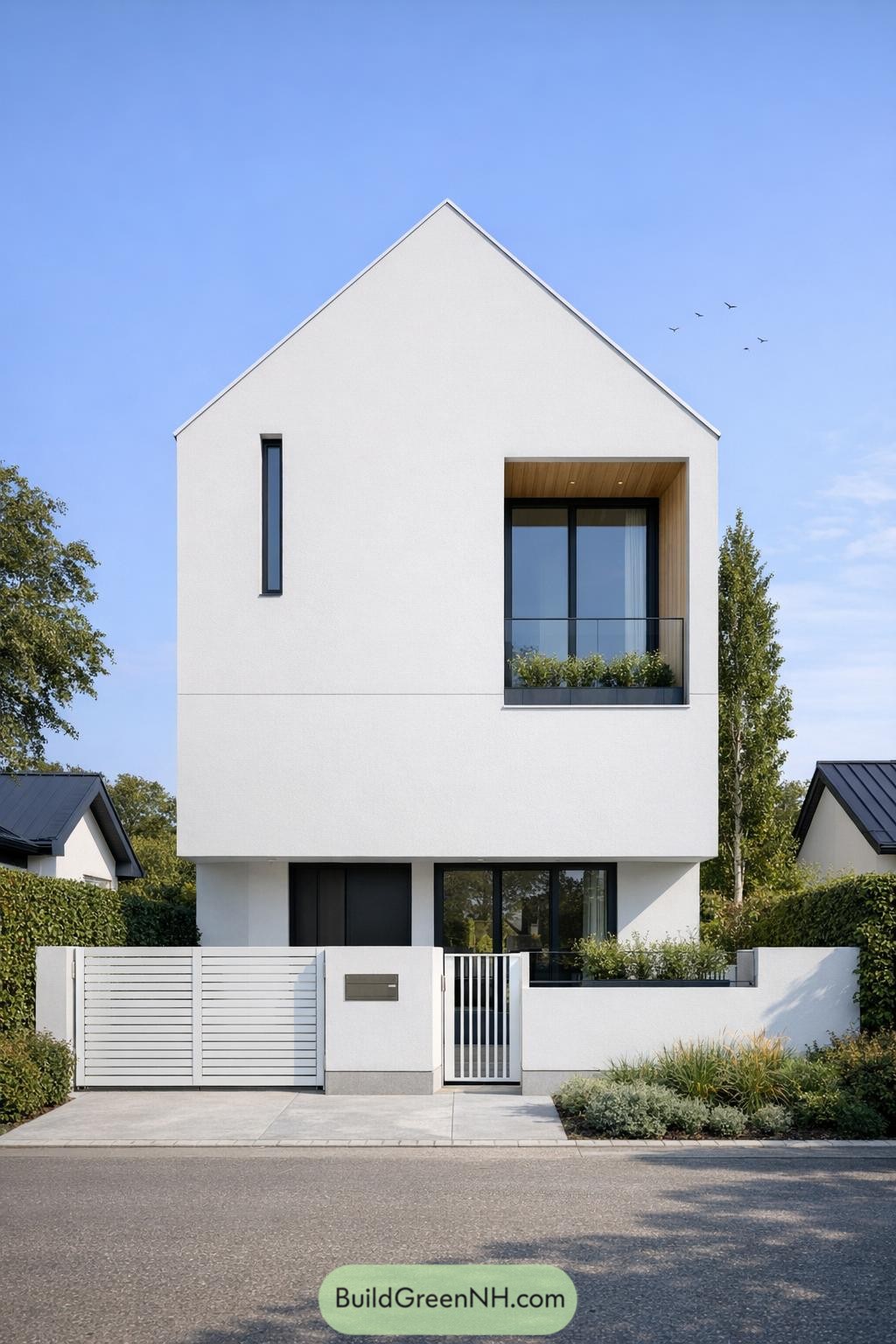 Tall white gabled townhouse with recessed balcony and minimalist front garden