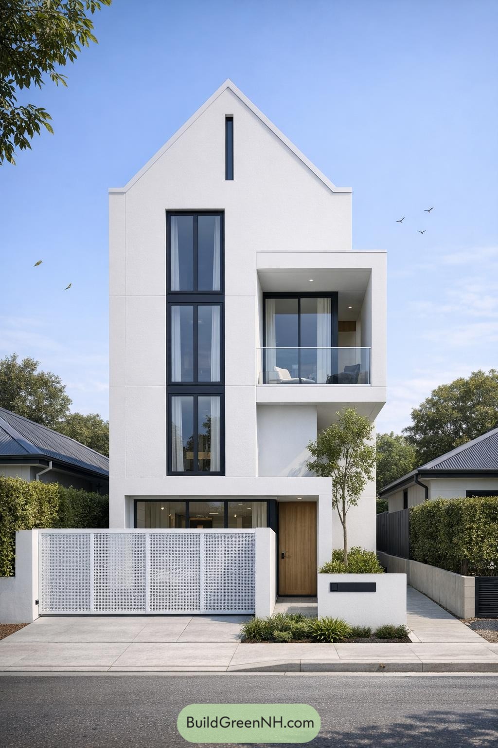 Narrow white three-story gabled townhouse with tall black-framed windows and a recessed balcony over a gated entry