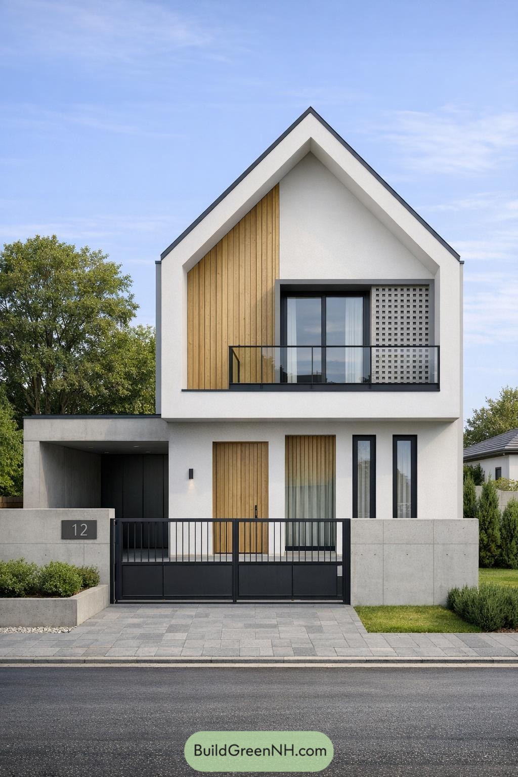 Modern white house with wood accents and black metal gate