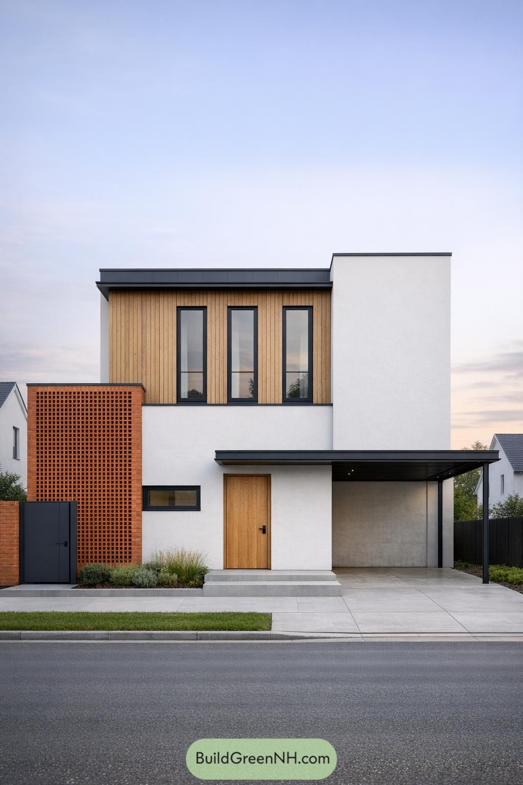 Modern two story Scandinavian house with white plaster, vertical timber cladding, brick screen wall, and covered carport facing the street