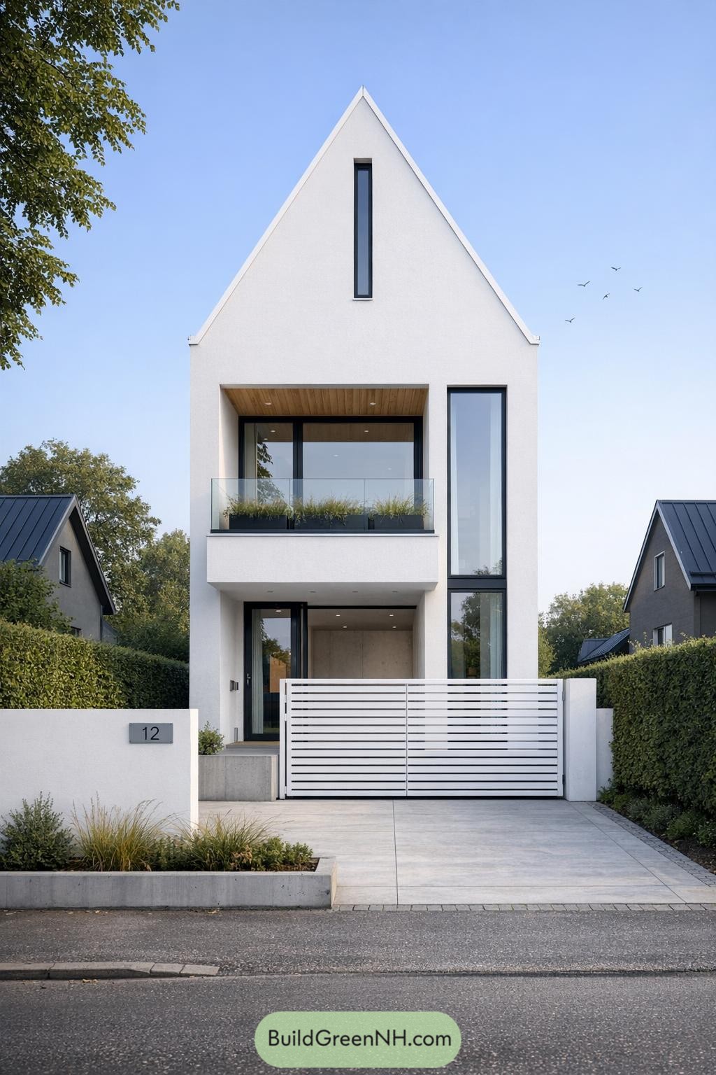 White gabled Scandinavian townhouse with tall glass and minimalist front yard