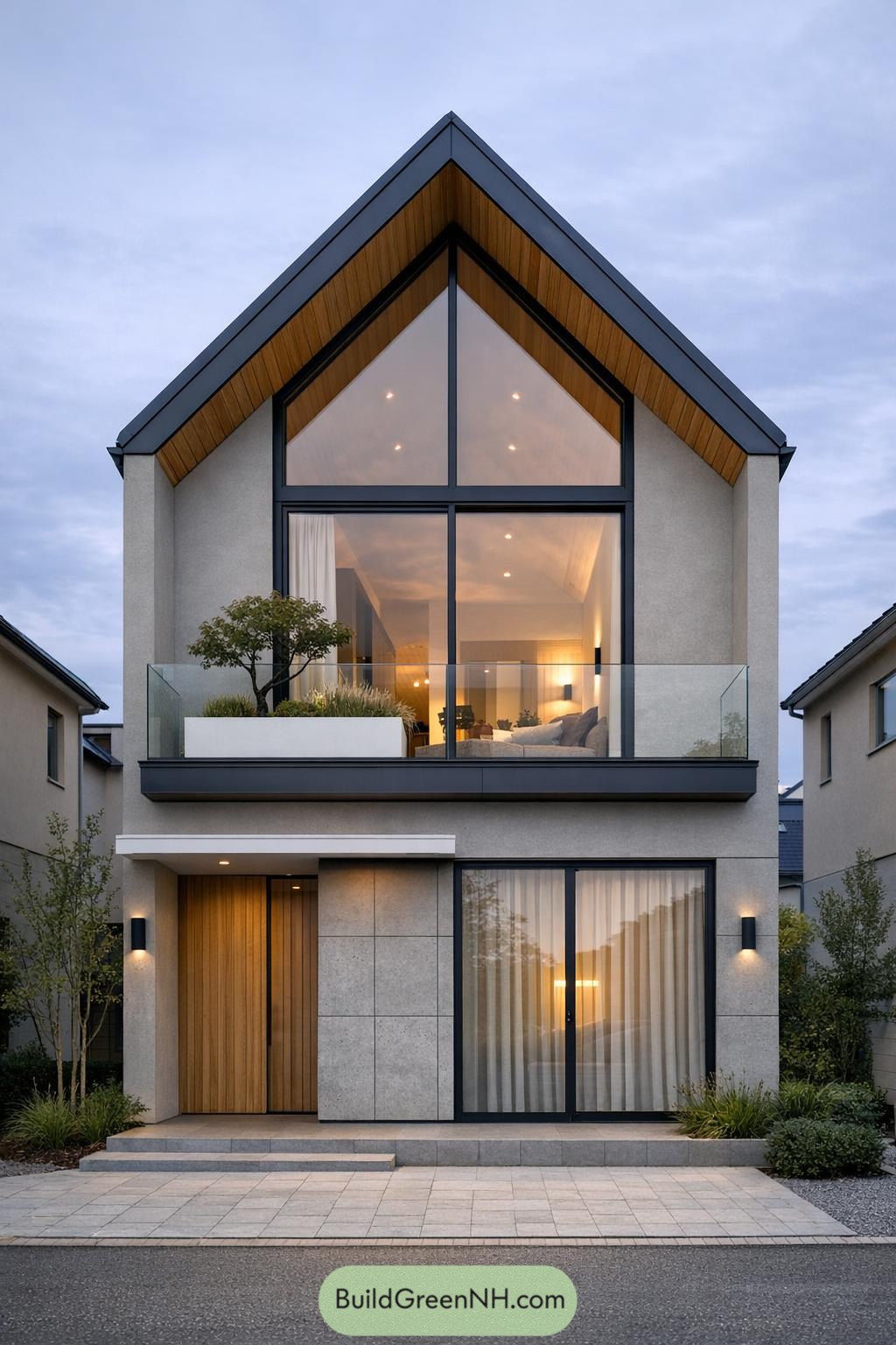 Scandinavian gabled townhouse with large front glazing and a glass balcony planter