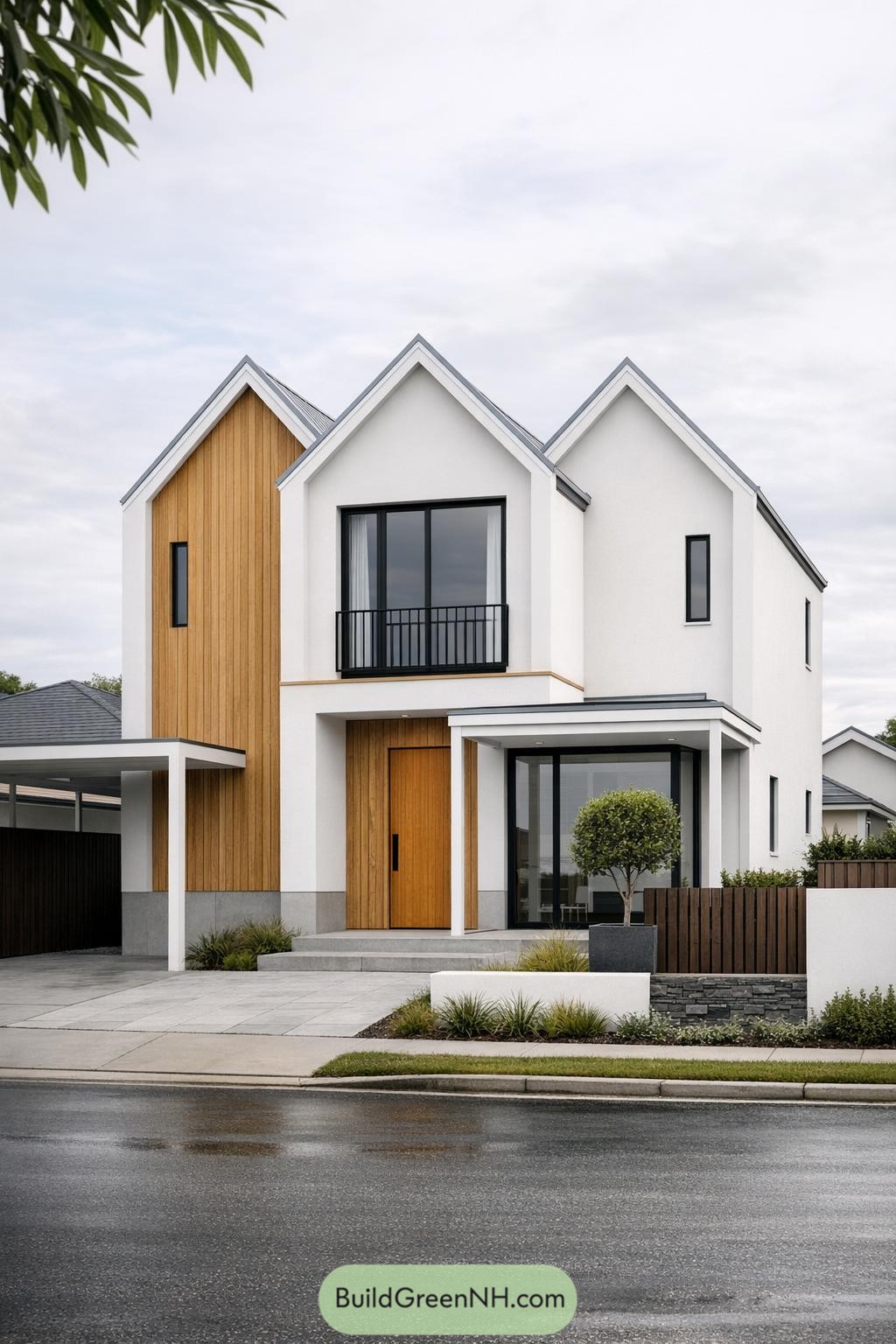 Modern white twin‑gable house with vertical wood cladding large black‑framed windows and minimal landscaping along a wet suburban street