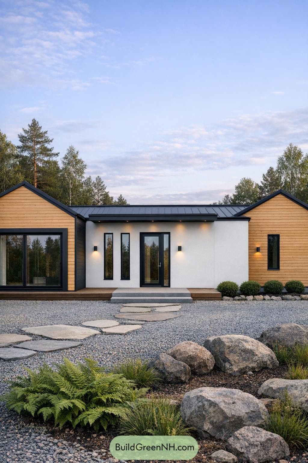 Scandinavian single-story house with wood and white facade, black roof, and stone path through gravel garden