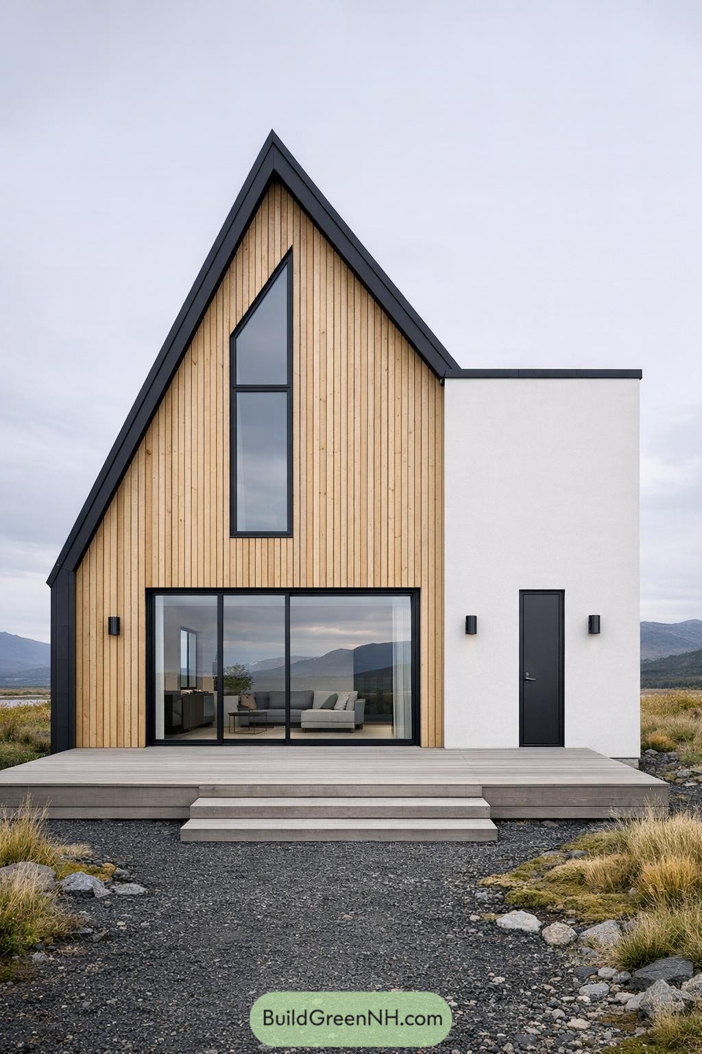 Tall gabled Scandinavian house with timber cladding, large glass openings, and a minimalist white wing set in open landscape