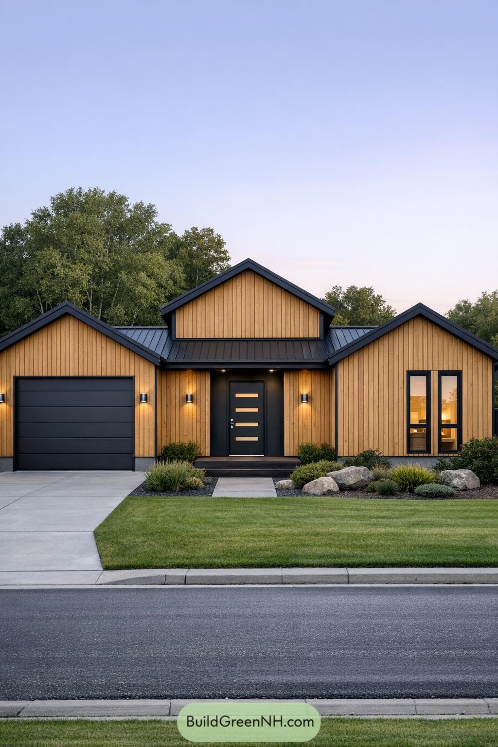 Contemporary timber-clad Scandinavian house with dark metal accents and neat front yard